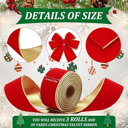 Miniatura 2 de 3 rollos de cinta de terciopelo rojo de Navidad de 30 yardas con borde dorado de 2.5 pulgadas de ancho, cinta con alambre para exteriores, cinta