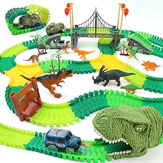 - Dinosaur World Race Track Toys - 216pcs Flexible Track Playset with 1 Dinosaur Car, 1 Race Car, 6 Dino Toys, for Kids 3 4 5 6 Year & Up Old (Boys and Girls)