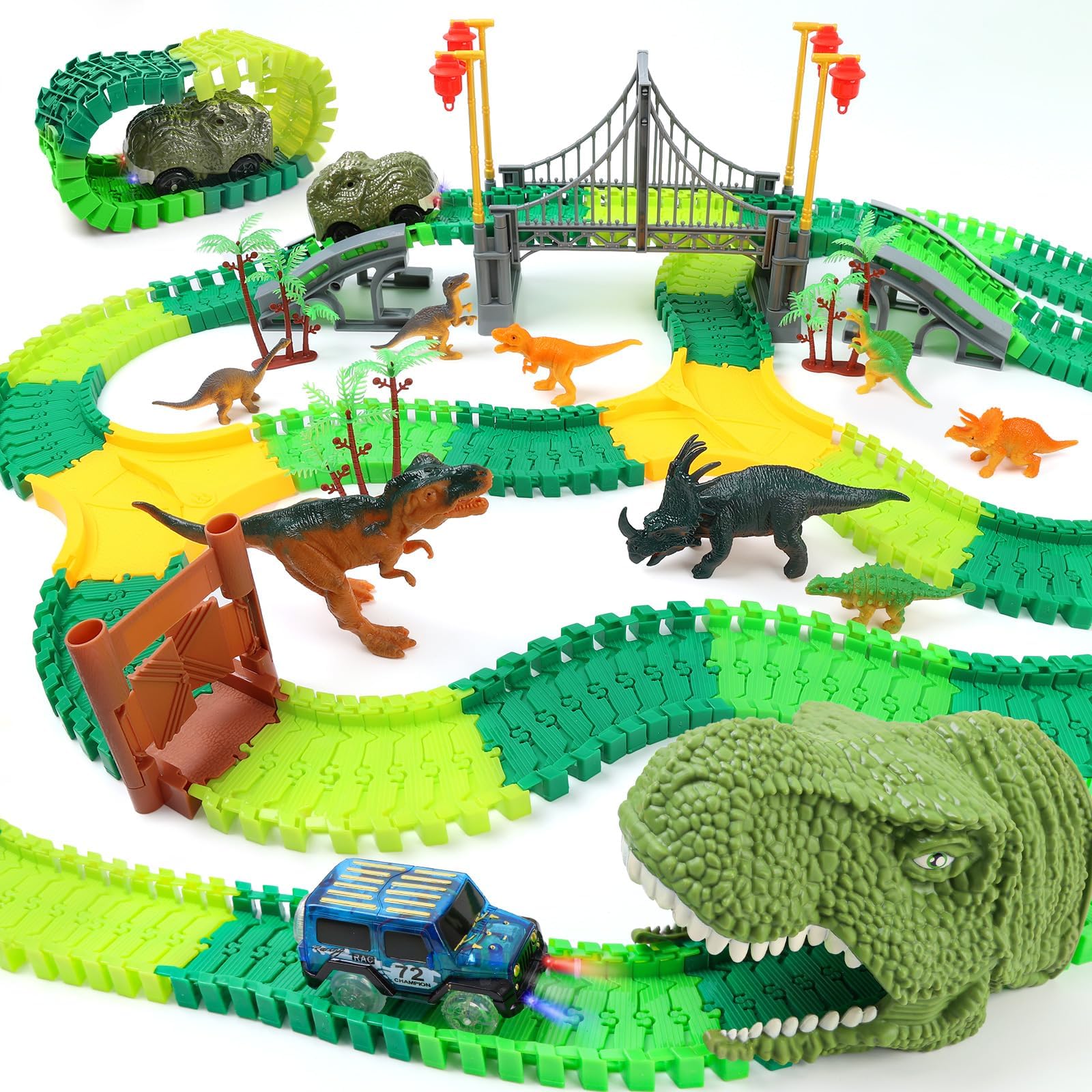 IQKidz Dinosaur World Race Track Toys - 216pcs Flexible Track Playset with 1 Dinosaur Car, 1 Race Car, 6 Dino Toys, for Kids 3 4 5 6 Year & Up Old (Boys and Girls)