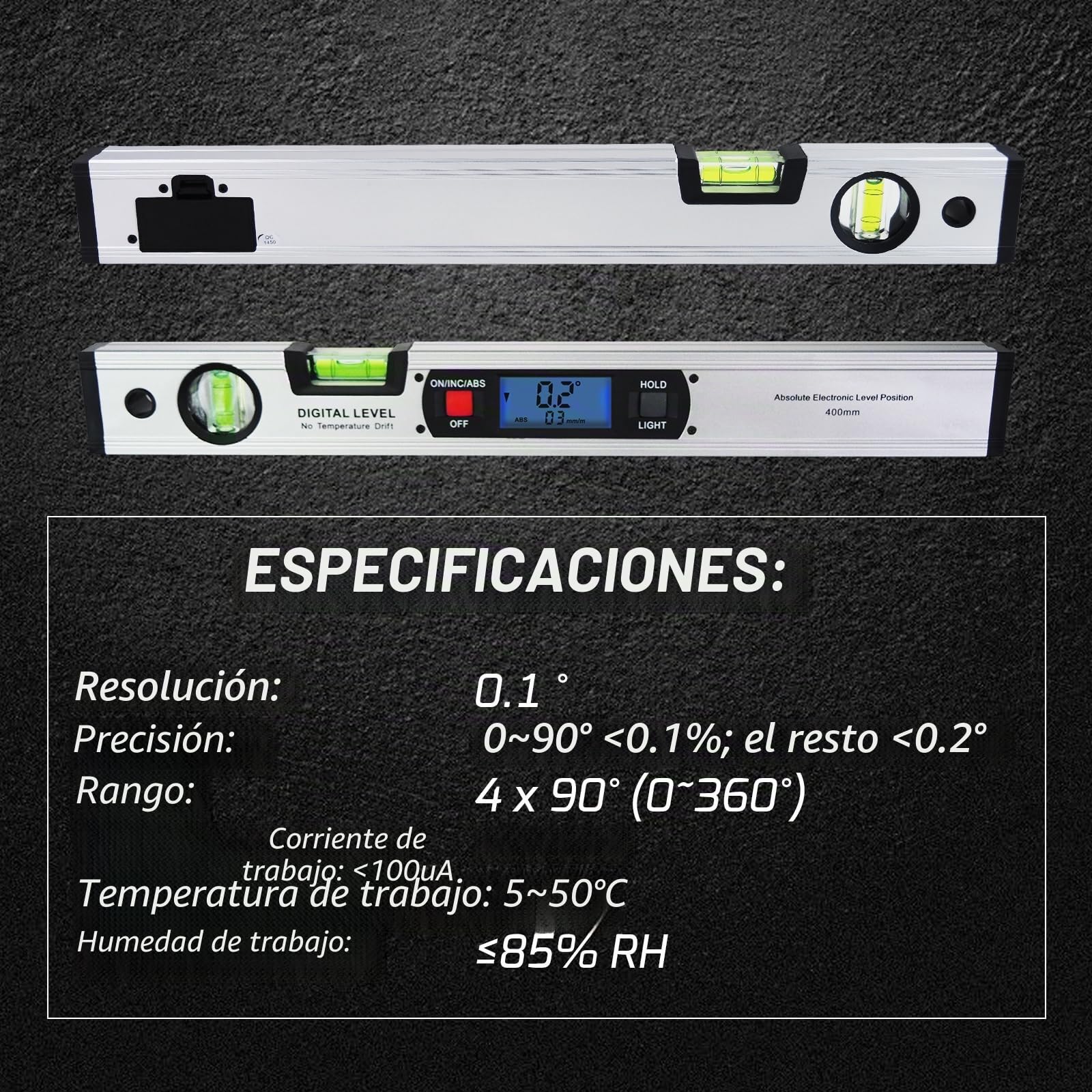 Inclinador De Ángulo De Inclinómetro De 360 ° Nivel Digital De Ángulo Largo 42 Cm Con Imanes/Luz De Fondo
