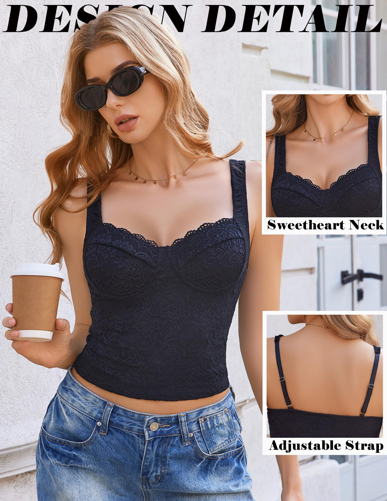 Avidlove Camiseta sin mangas de encaje de verano con cuello corazón y correa ajustable para salir 2025