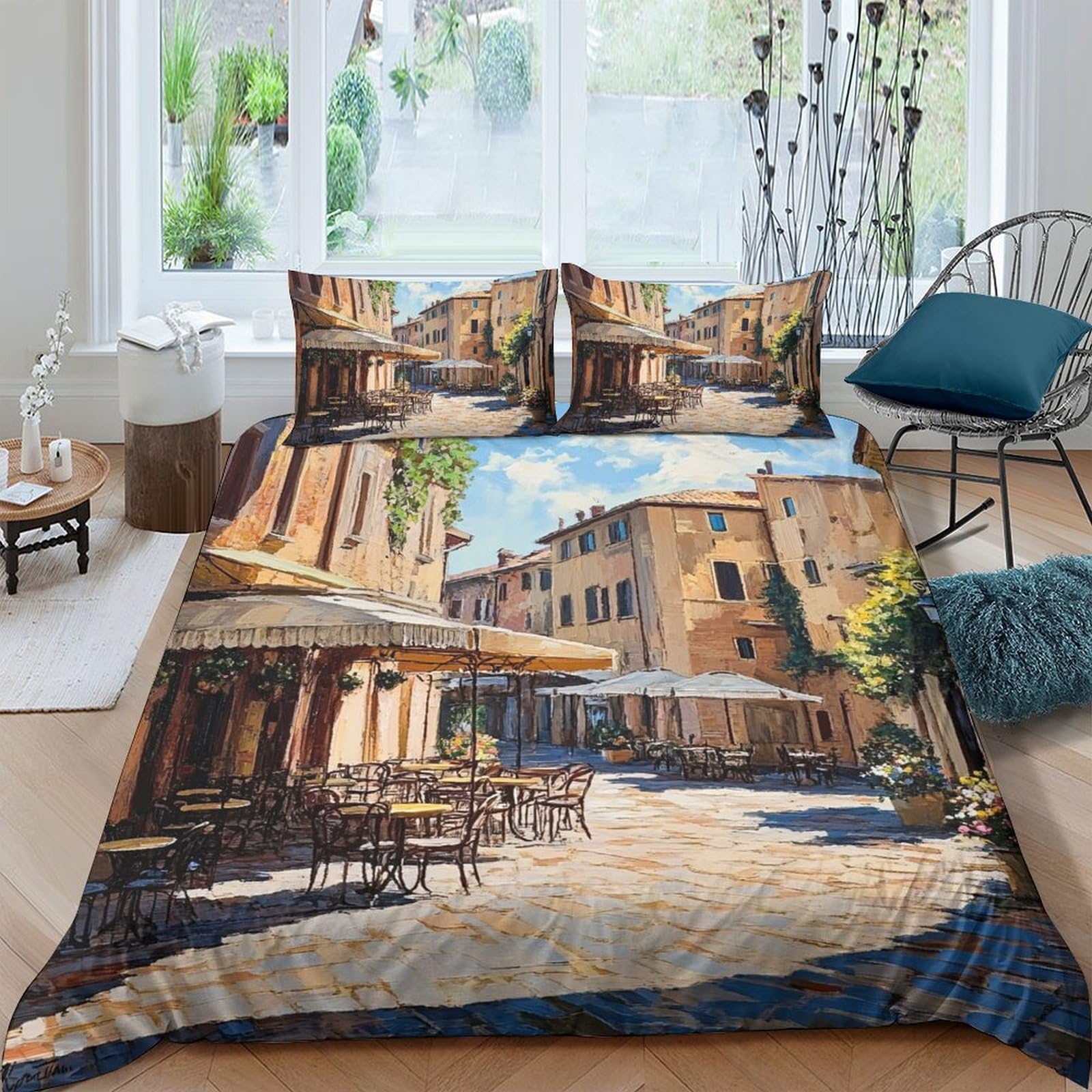 Ctjqhvkz Style-9 3D Printed Mediterranean Town Fitted Sheet Microfiber Soft Breathable European Street Bed Cover For Bedroom Decor Single（135X200cm）