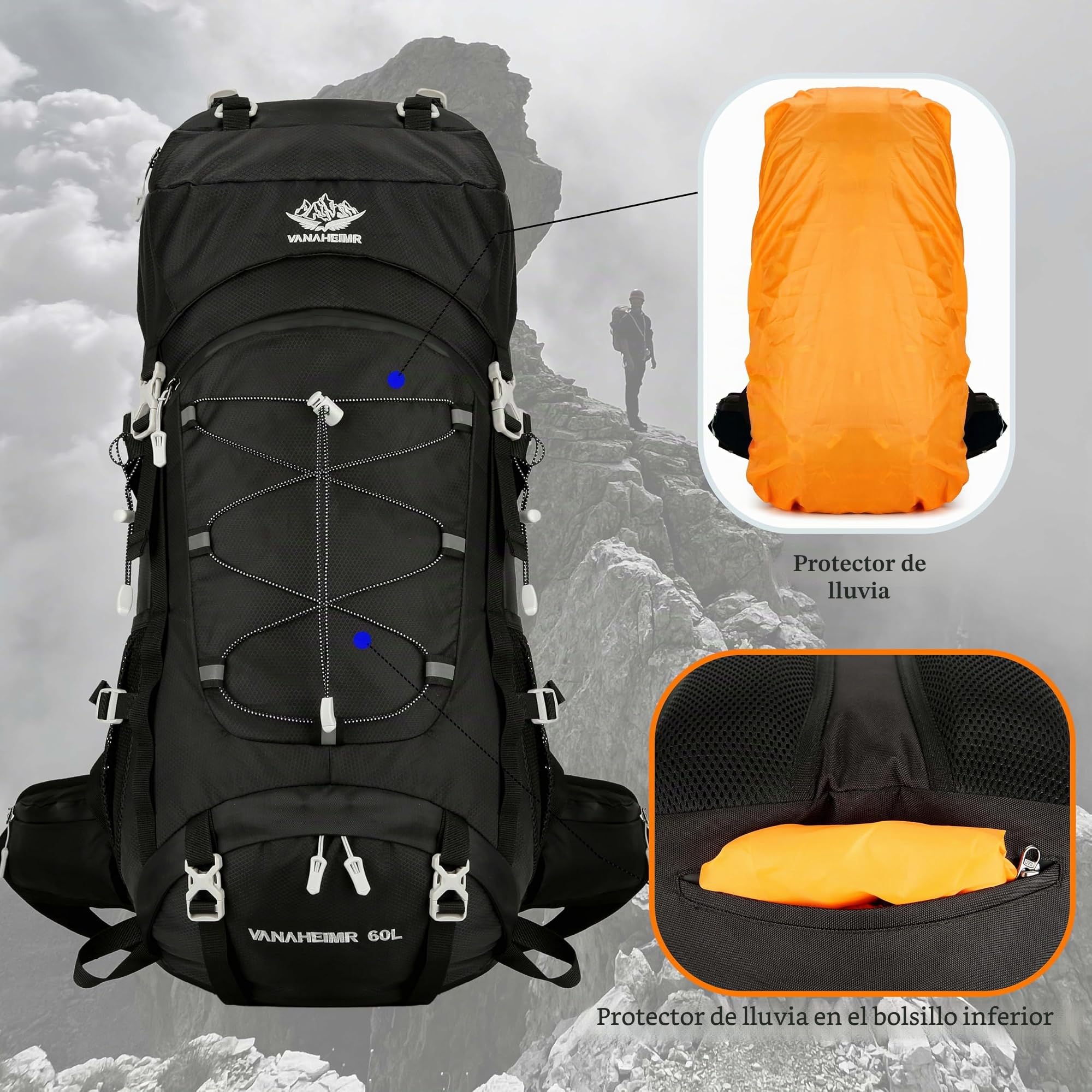 Mochila de viaje de 60 L para senderismo, camping con cubierta para lluvia, mochila resistente al agua, mochila de escalada para hombres y mujeres