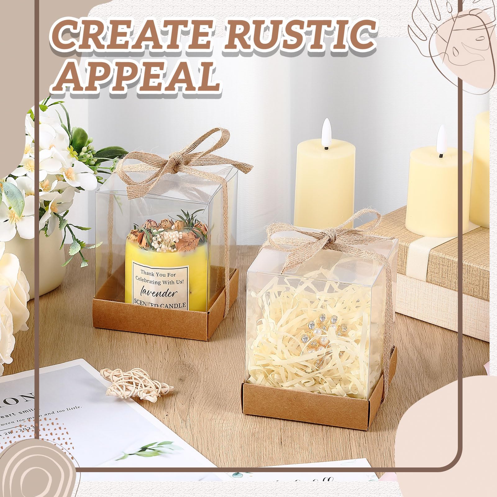 36er-Set, 8,9 x 8,9 x 10,9 cm, transparente Kerzen-Geschenkbox, Verpackung, 113,4–510 ml, Teelichthalter, Bulk-Papier-Bodenabdeckung mit Band, für Weihnachten, Hochzeit, Babyparty, Party,