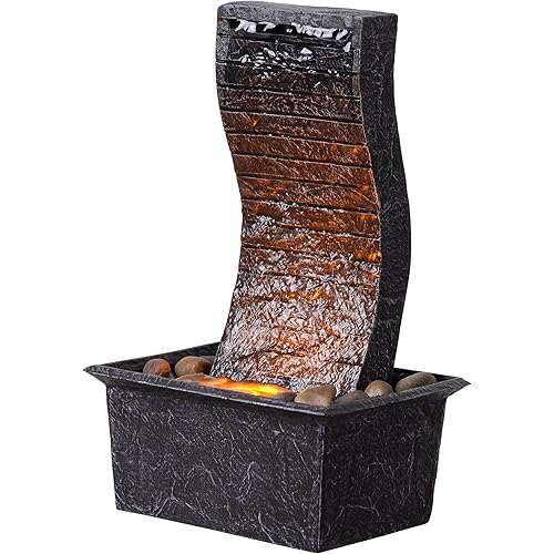Curved Panel Tabletop Water Fountain LED - Lit - Unique Decorative Waterfall for Indoor/Outdoor Spaces, Home Office Garden Decoration with Ambient Lighting
