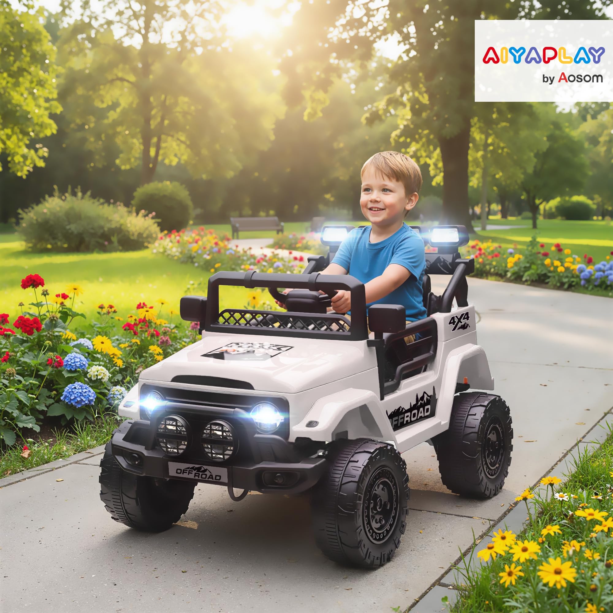 AIYAPLAY Macchina Elettrica per Bambini 3-5 Anni, 12V Fuoristrada Auto Elettrica per Bambini con 2 Motori, Sospensioni, Telecomando, USB, Musica, Wireless, Cintura, Fari e Clacson, 3-5 km/h, Bianco
