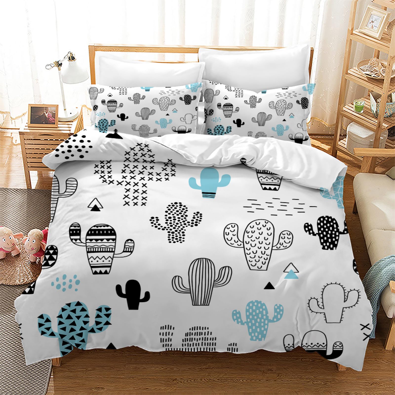 CHCHNXY Cactus Bedding Double Bed Set Soft Microfibre Duvet Cover Set With Zipper Closure,Lightweight Quilt Covers 78"X78"+2 Pillowcases 19"X29"For Kids Adults Bedroom Decor