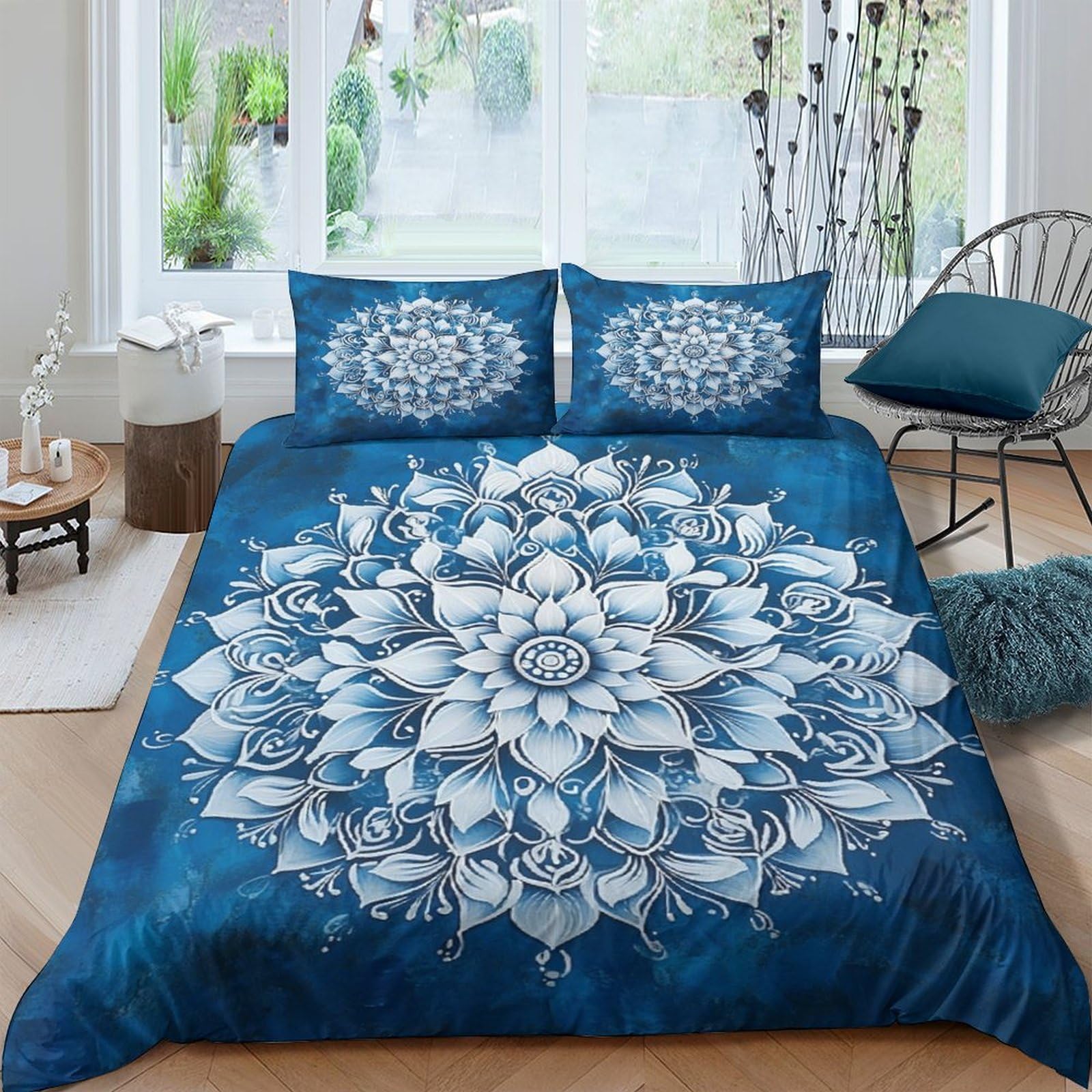 GPLZQXKJNH 3D Printed Mandala Lotus Duvet Cover Set Microfiber Blue Boho Bedding Set with 2 Pillowcases for Bedroom Home Decor Single（135x200cm）
