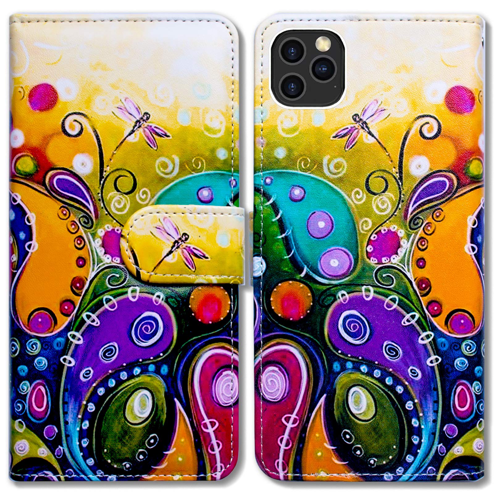 Bcov Case for iPhone 12 Pro Max, Colorful Dragonfly Leather Flip Phone Case Wallet Cover with Card Slot Holder Kickstand for iPhone 12 Pro Max