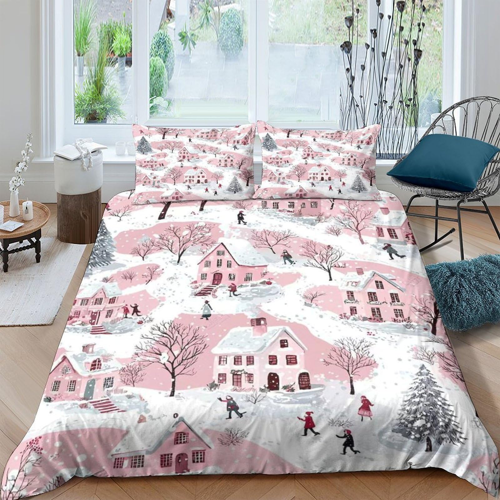 Ctjqhvkz Style-6 3D Printed Winter Village Fitted Sheet Microfiber Soft Pink House Mattress Cover For Bedroom Guest Room Decor Single（135X200cm）