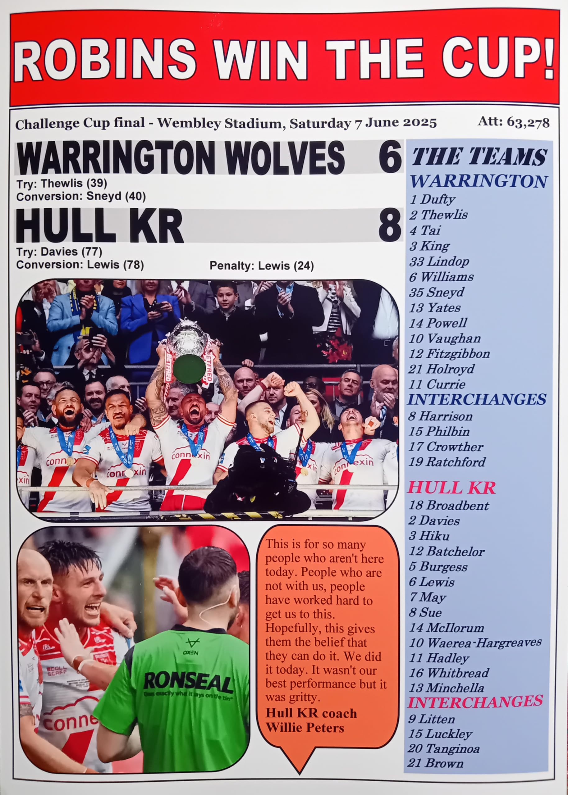 Assorted Multicoloured Warrington Wolves 6 Hull Kr 8-2025 Challenge Cup Final - Souvenir Print