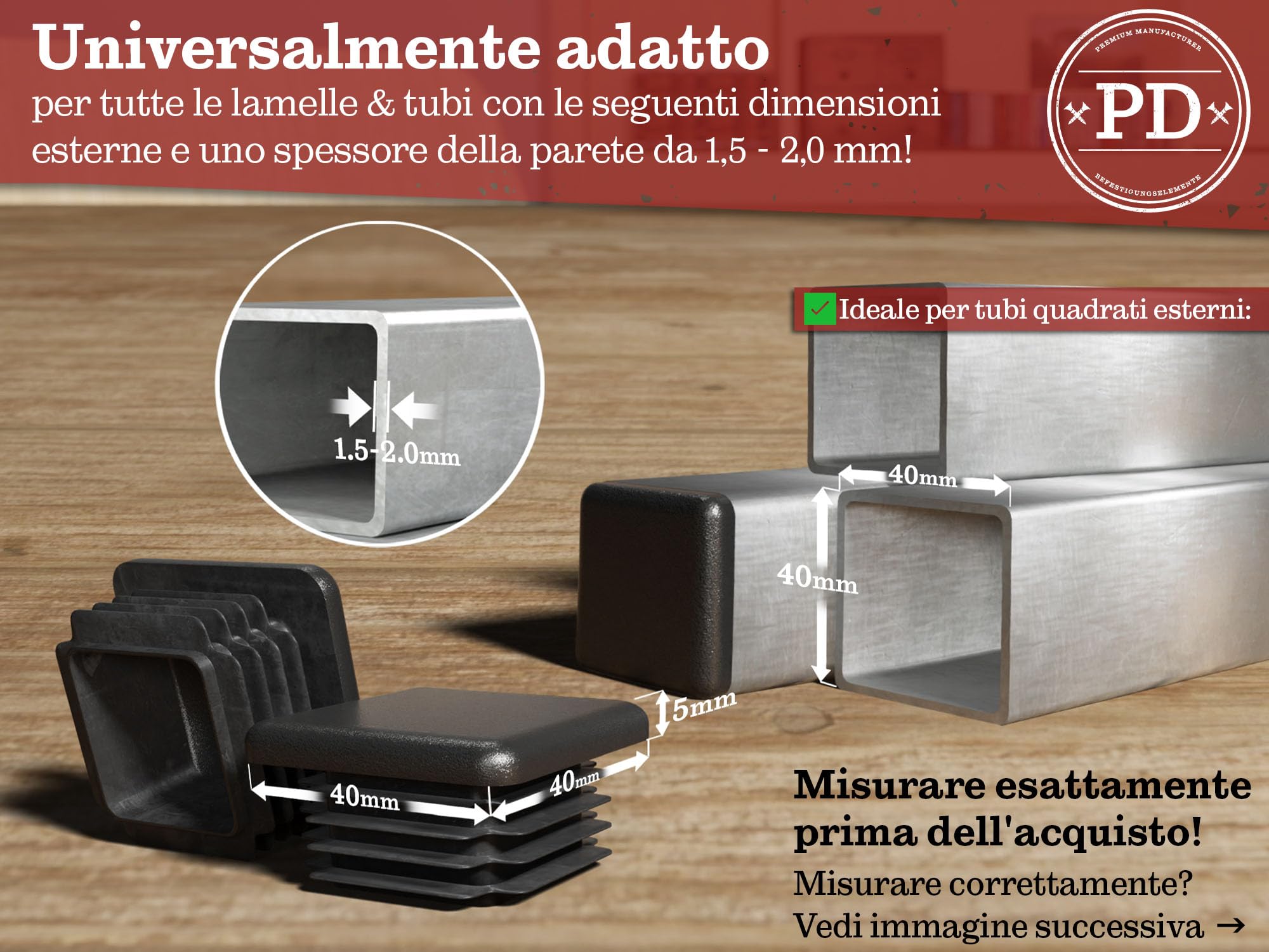 PD® Tappi a Lamelle 40x40 mm per Tubo Quadrato in Plastica PE | Per Coprire Tubi in Acciaio Inox, Alluminio e Profili | Quadrati Neri | 4 Pezzi