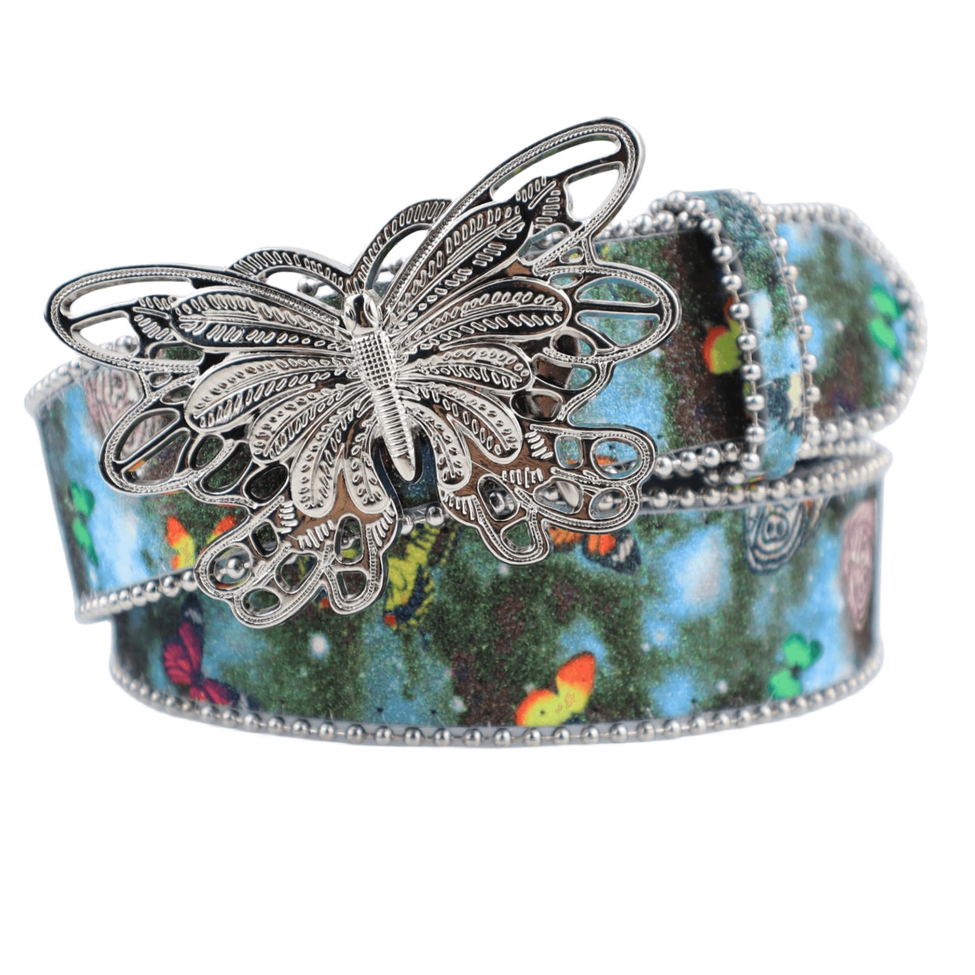 Y2K Belt Metal Butterfly Buckle Beads Chain Punk PU Leather Prints Patterns Waist Belts for Women Girl Dress Jeans Pants (Colorful 1)