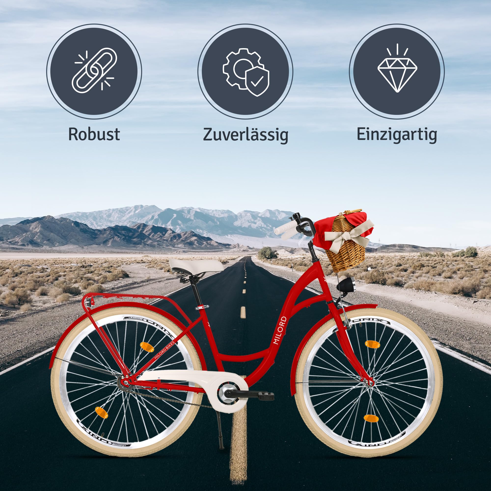 Bici da donna con cestino in vimini vintage, 28 pollici, rosso, 1 marcia