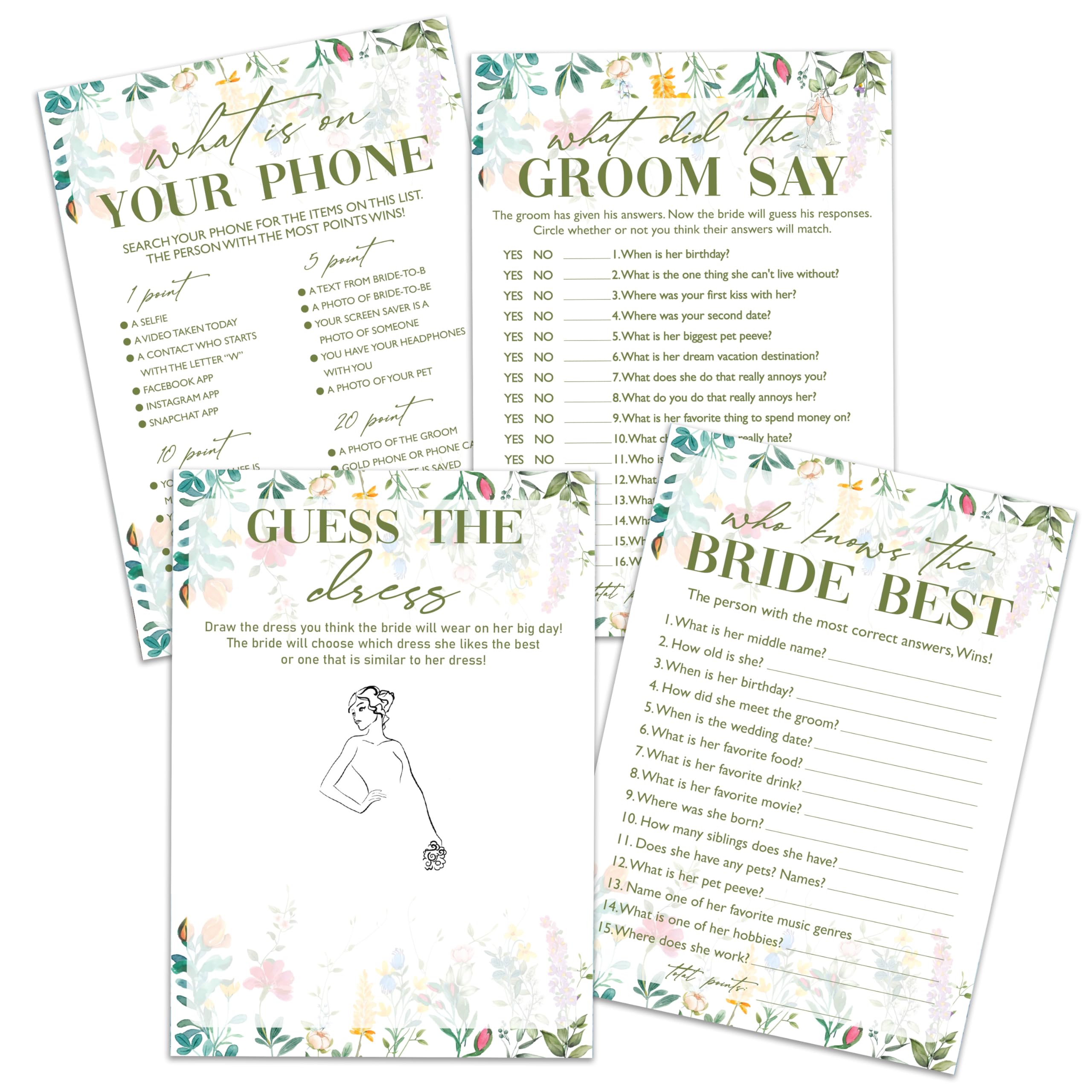 Wildflower Bridal Shower Games Set, 4 Games Includes Find The Dress, What's On Your Phone, What Did The Groom Say, Who Knows The Bride Best, 50 Double-Sided Cards, Wedding Party Supplies -01