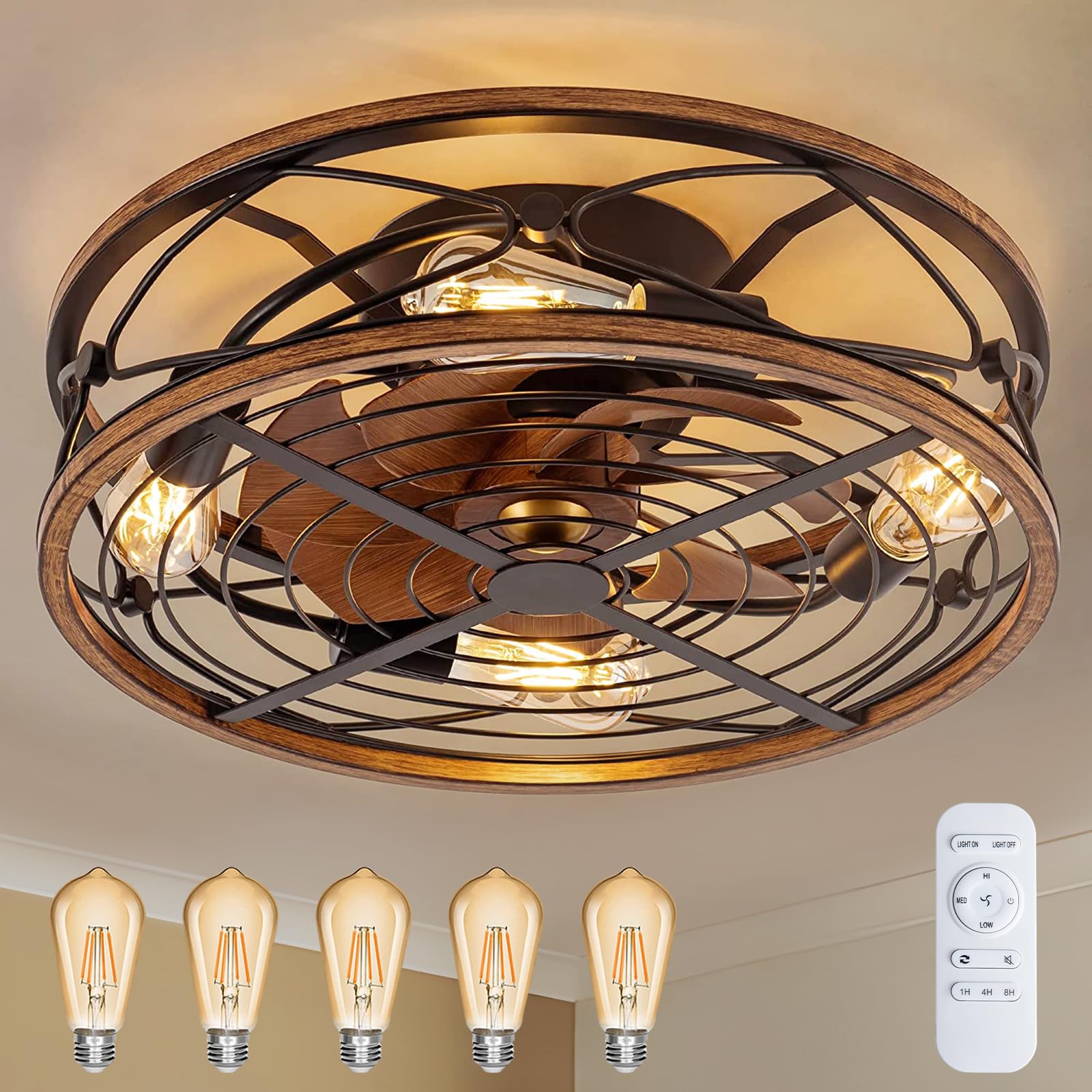 TIFEROR20" Low Profile Caged Ceiling Fans With Lights And Remote, Farmhouse Flush Mount Ceiling Fan With 3 Speeds Reversible Motor, for Kitchen, Bedroom (Bulbs Included)