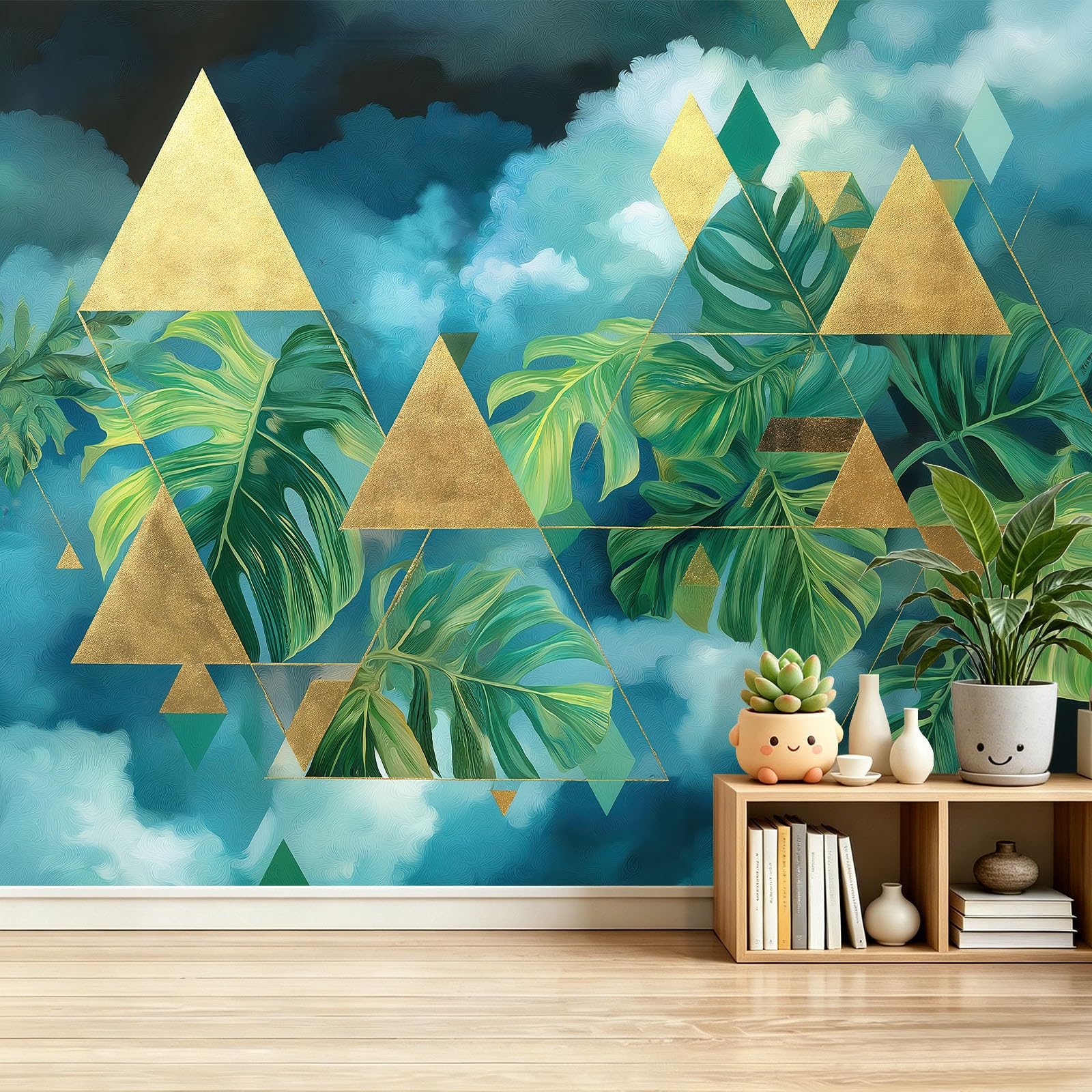 Panoramiczna tapeta z włókniny botaniczna monstera liście zielona geometria plakat obrazy ścienne używane do salonu dekoracja ścienna do pokoju dziecięcego 350 x 256 cm, dorośli
