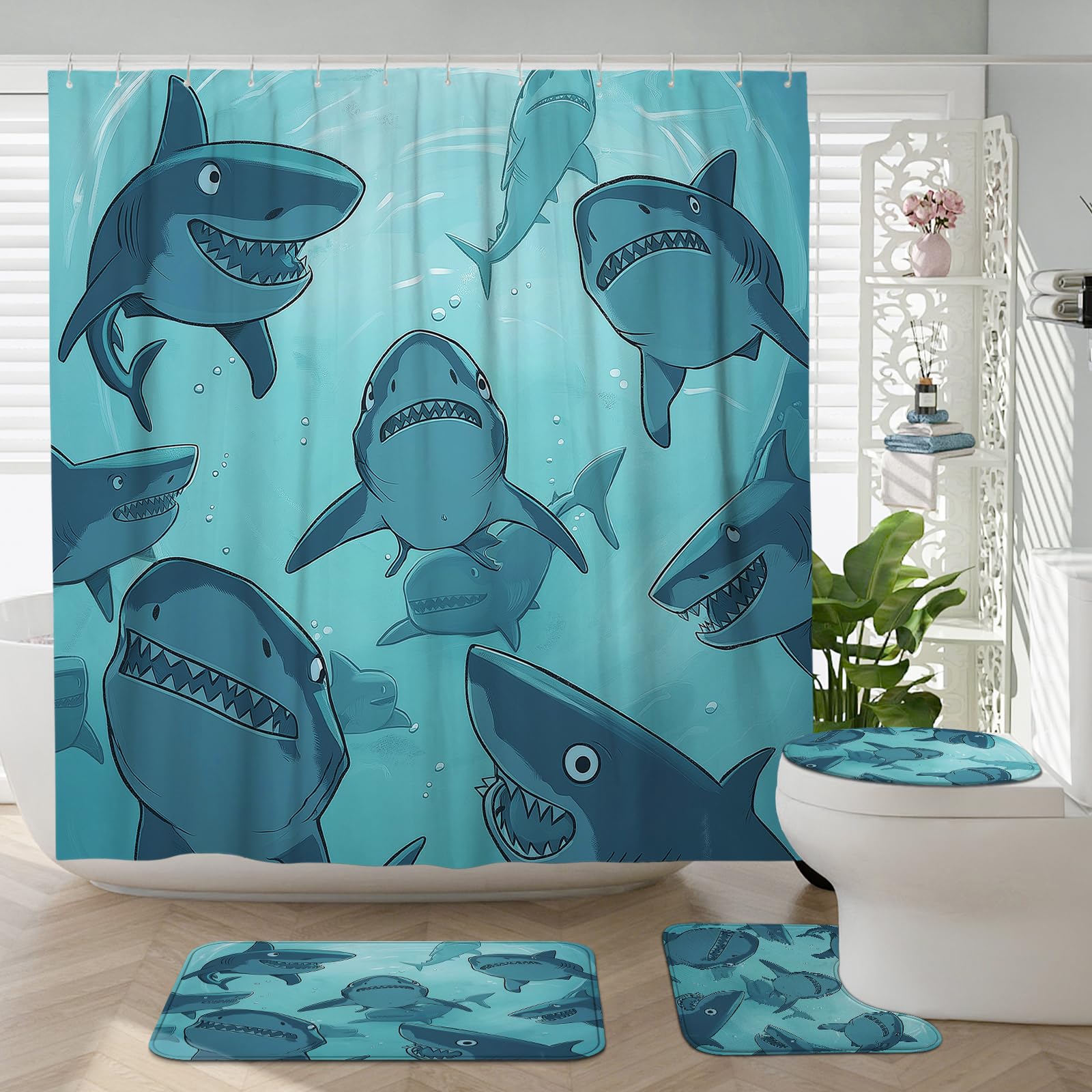 Juego de 4 accesorios de baño de tiburón anime para niños con alfombra antideslizante, en forma de U y cubierta de tapa de inodoro, decoración de baño de océano divertido de dibujos animados, 72 x 72