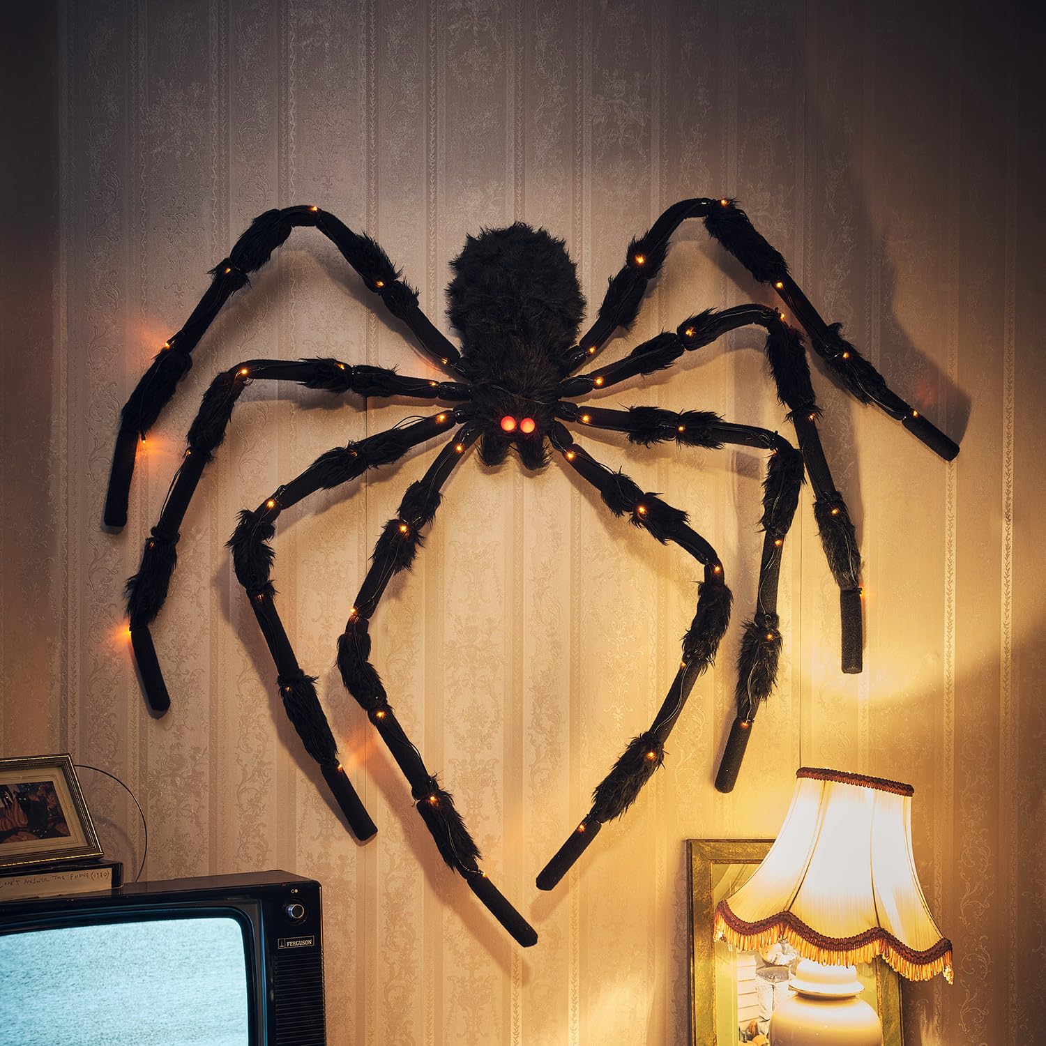 Lights4fun Araignée Lumineuse XL de 1,5 m avec 50 LED à Piles avec Minuterie Décoration d'halloween Effrayante Décoration Suspendue pour Jardin Extérieur Intérieur