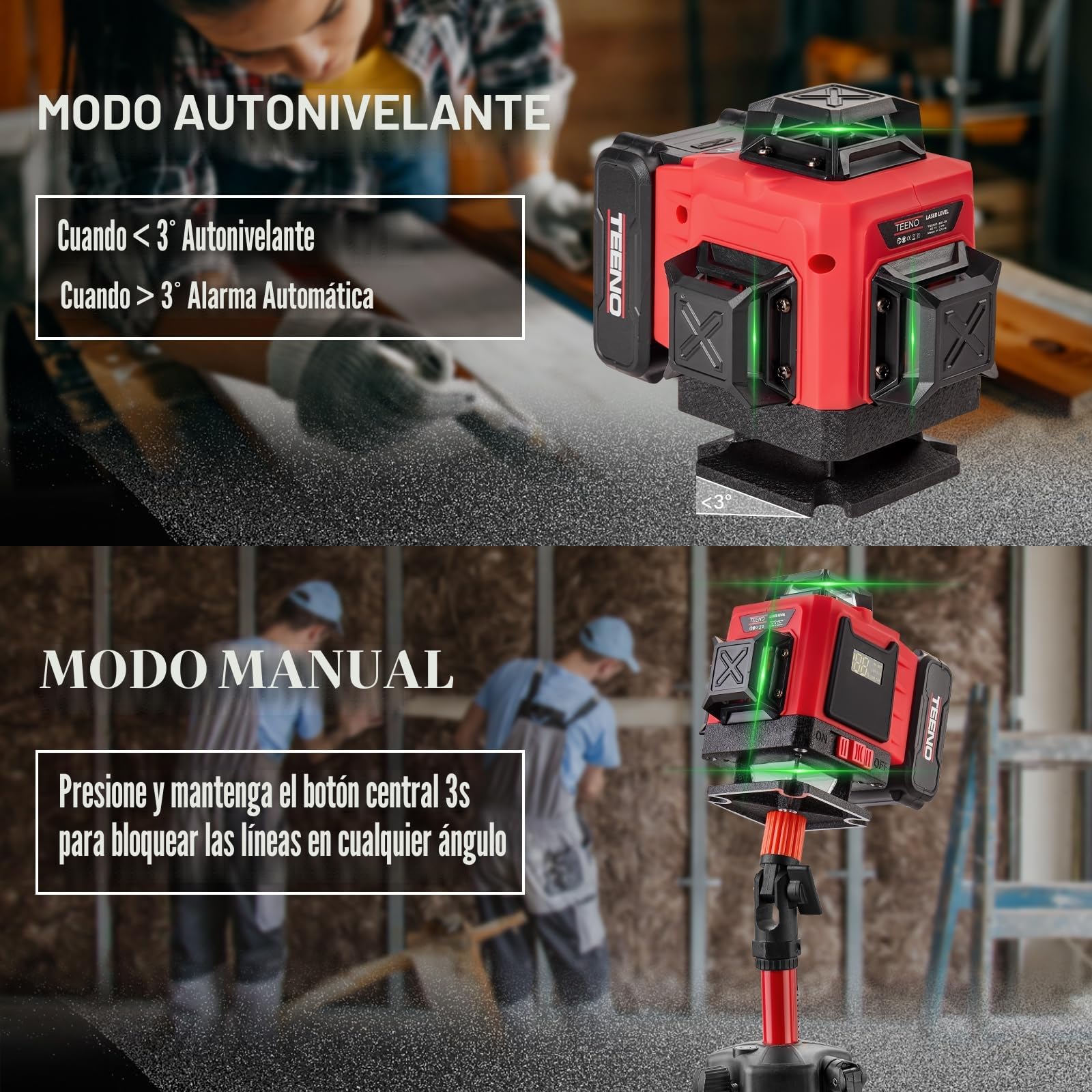 TEENO Nivel Láser 16 Lineas,Nivel Laser Autonivelante 4 x360° con 2 * 4800 mAh，Línea Cruzada Horizontal y Vertical para Interior y Exterior con Trípode+ pantalla digital LCD, base magnética