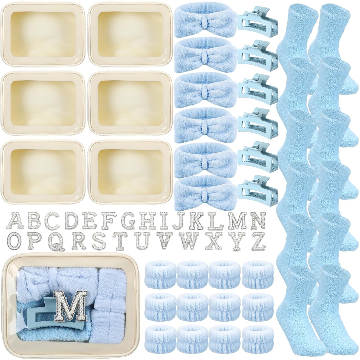 37 Pcs 6 Set Last Toast on The Coast Gift Bachelorette Party Spa Kit Coastal Bridesmaid Proposal Makeup Bags Pearl Stickers Headbands Wristbands Hair Clips Socks for Sleepover Bridal Gifts