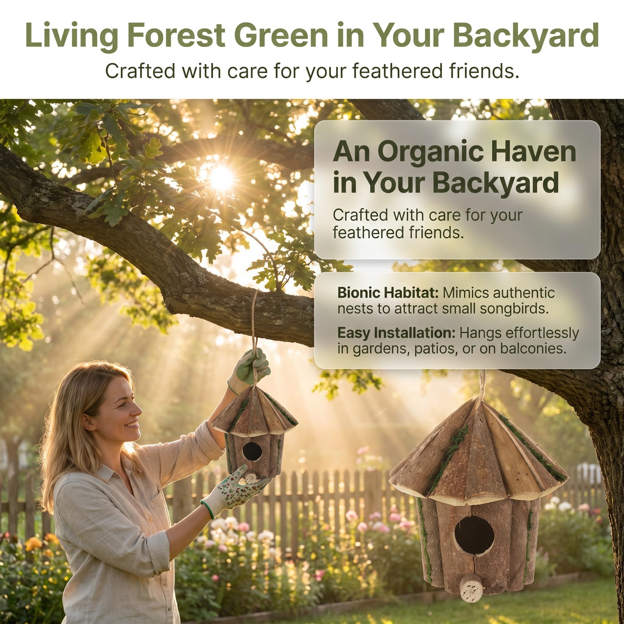 Zerodeko 3 Casitas Colgantes para pájaros de Exterior, Casitas Decorativas de Madera para pájaros, nidos pequeños de Hierba Marina, Refugio para Canarios, petirrojos y gorriones en el jardín.