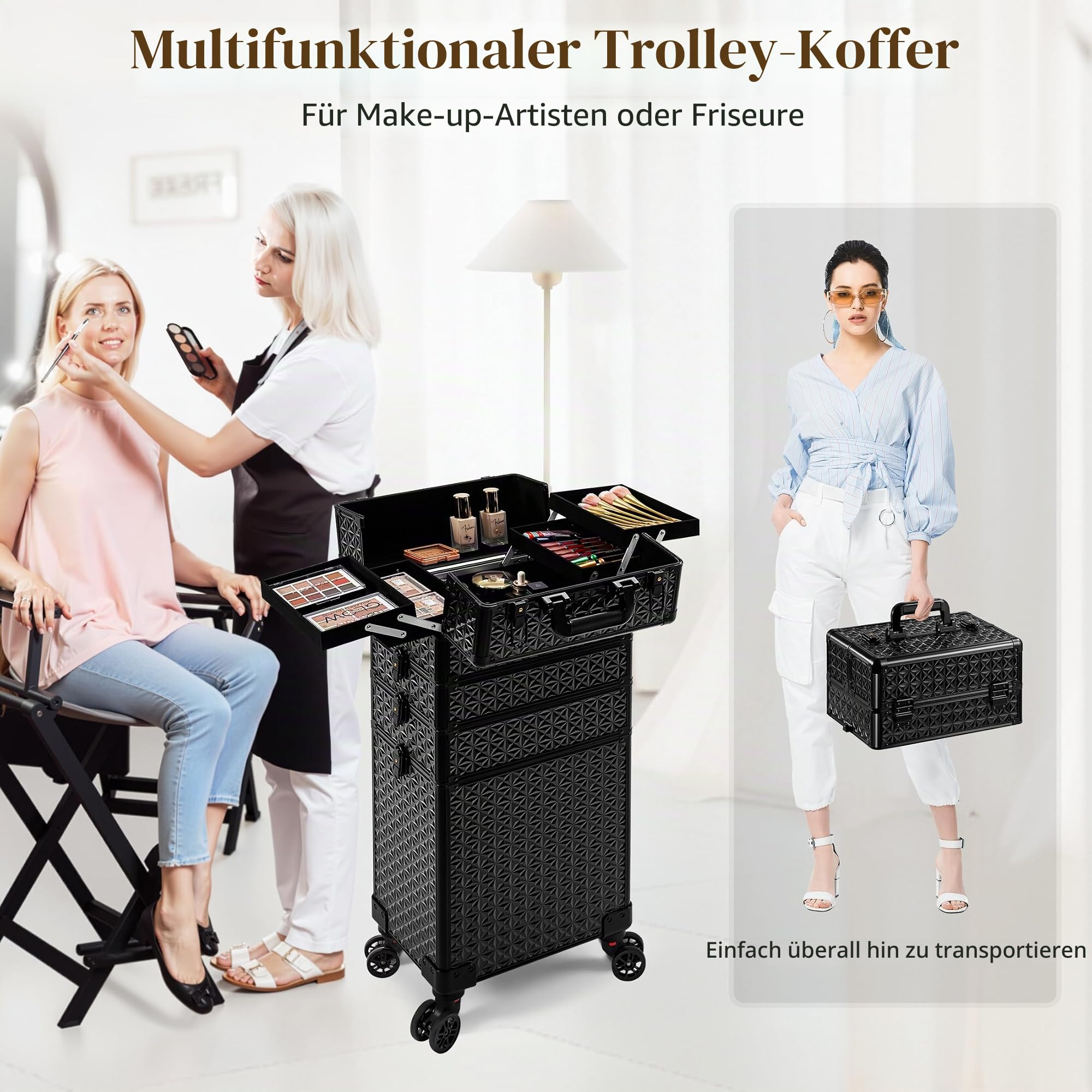 Arous Kosmetikkoffer Trolley 5-in-1 Groß Kosmetik Trolley mit Rollen Alu Beauty Case