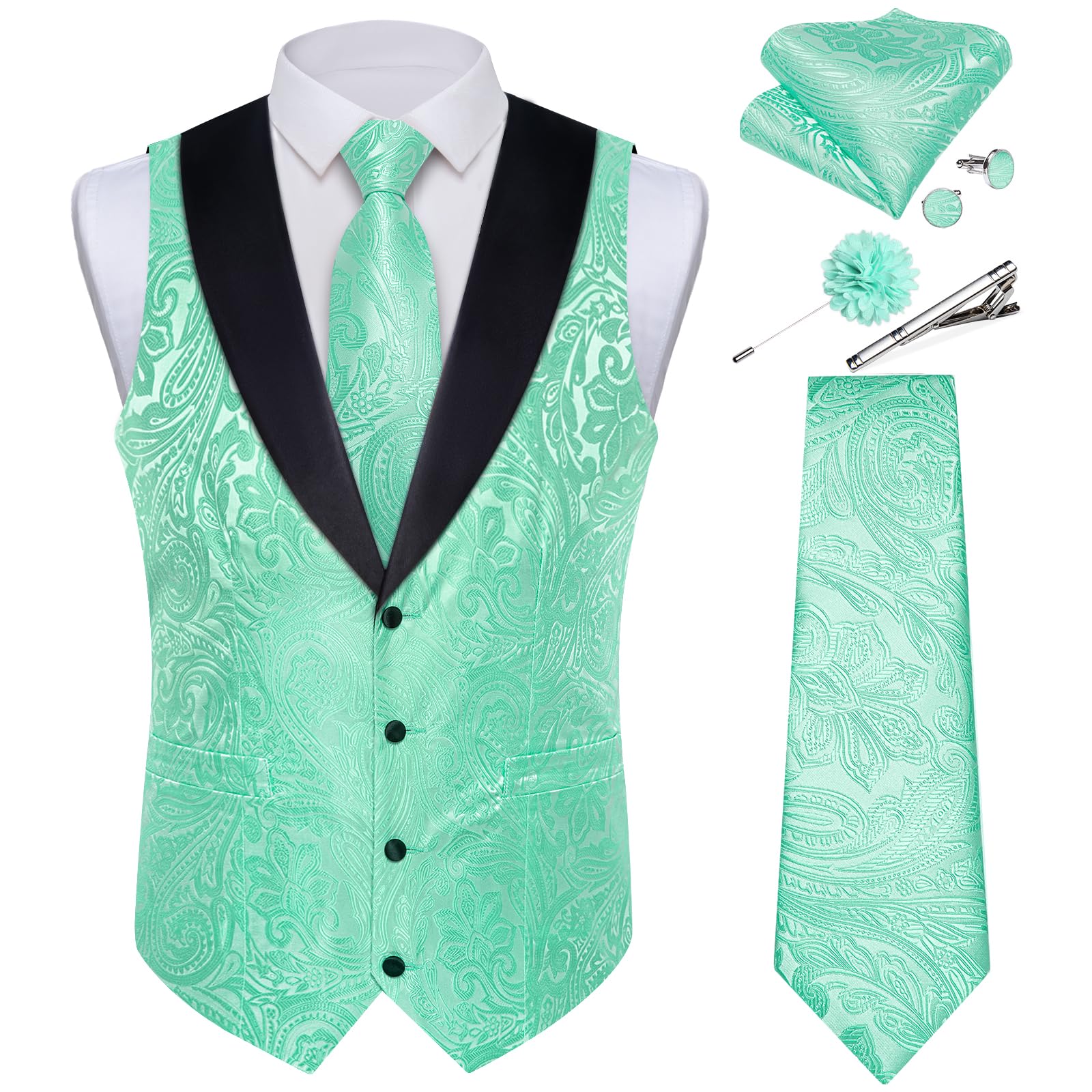 DiBanGu Mens Paisley Suit Vest Silk Jacquard Waistcoat and Necktie Set Formal Shawl Collar Dress Vest 7PCS for Wedding Party