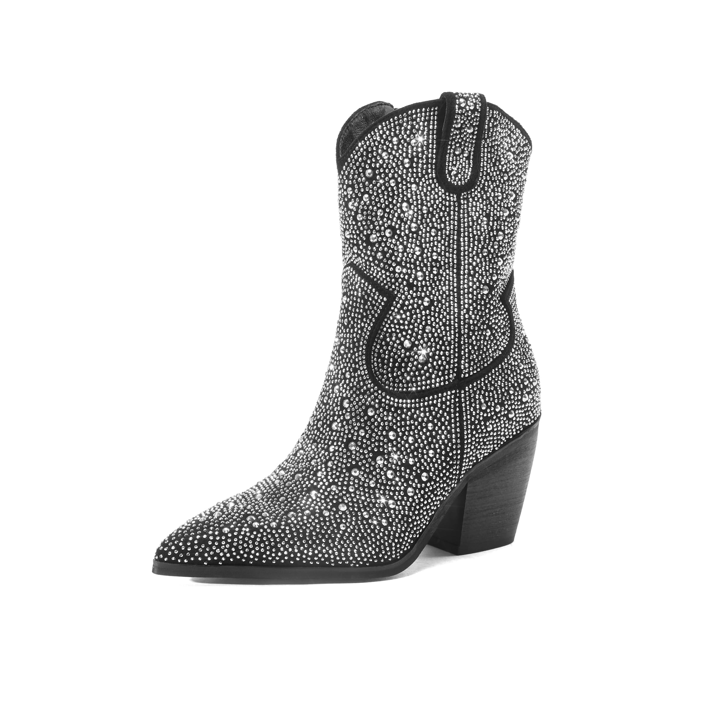 Womens Western Rheinstone Cowboy Boots Block Heel Pointed Toe Flash Ankle Boots for Outdoor Party Side Zip Comfort