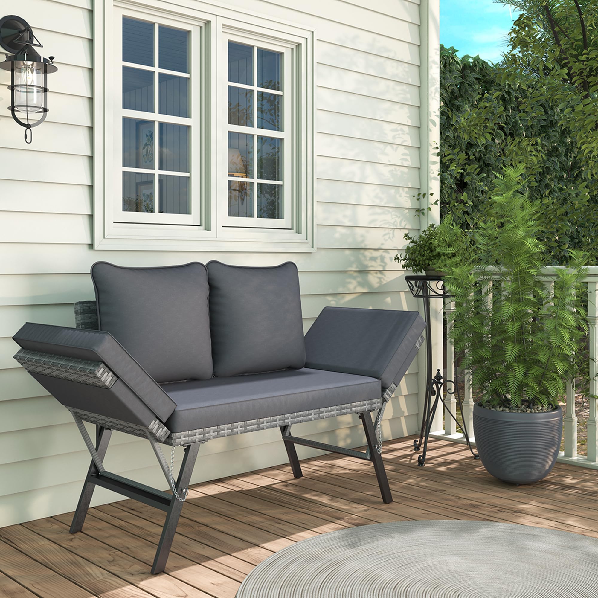Amopatio Gartenbank Polyrattan mit Liegefunktion – 2-Sitzer Gartensofa mit verstellbaren Armlehnen, wetterfestes Outdoor Sofa für Garten, Balkon & Terrasse, Grau