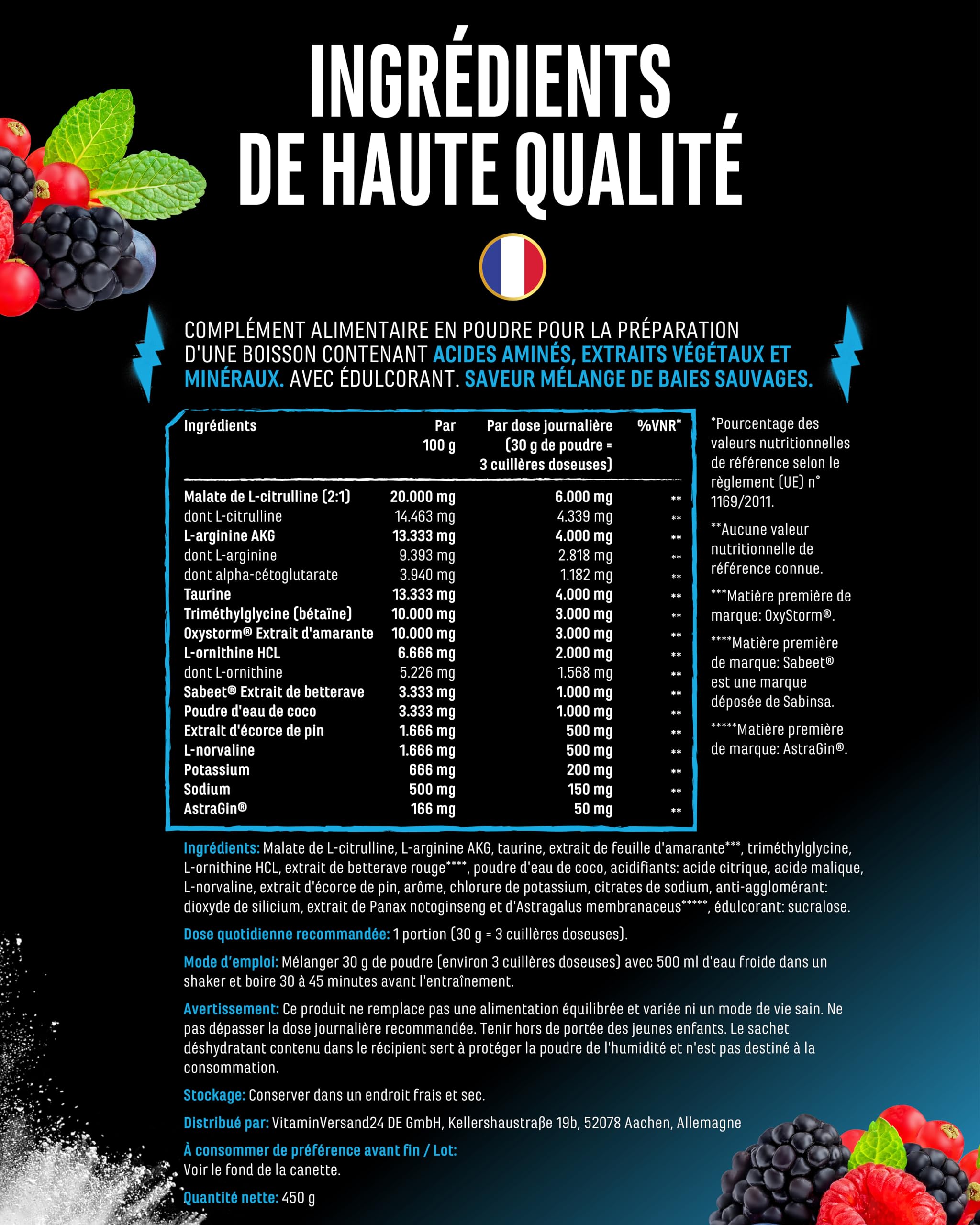 Pump it to the Limit - Pump Booster Sans Caféine - Avec OxyStorm®, Sabeet®, AstraGin®, Citrulline Malate & AAKG - Pre Workout Sans Stimulants pour un Pump Maximal - 450 g Wildberry