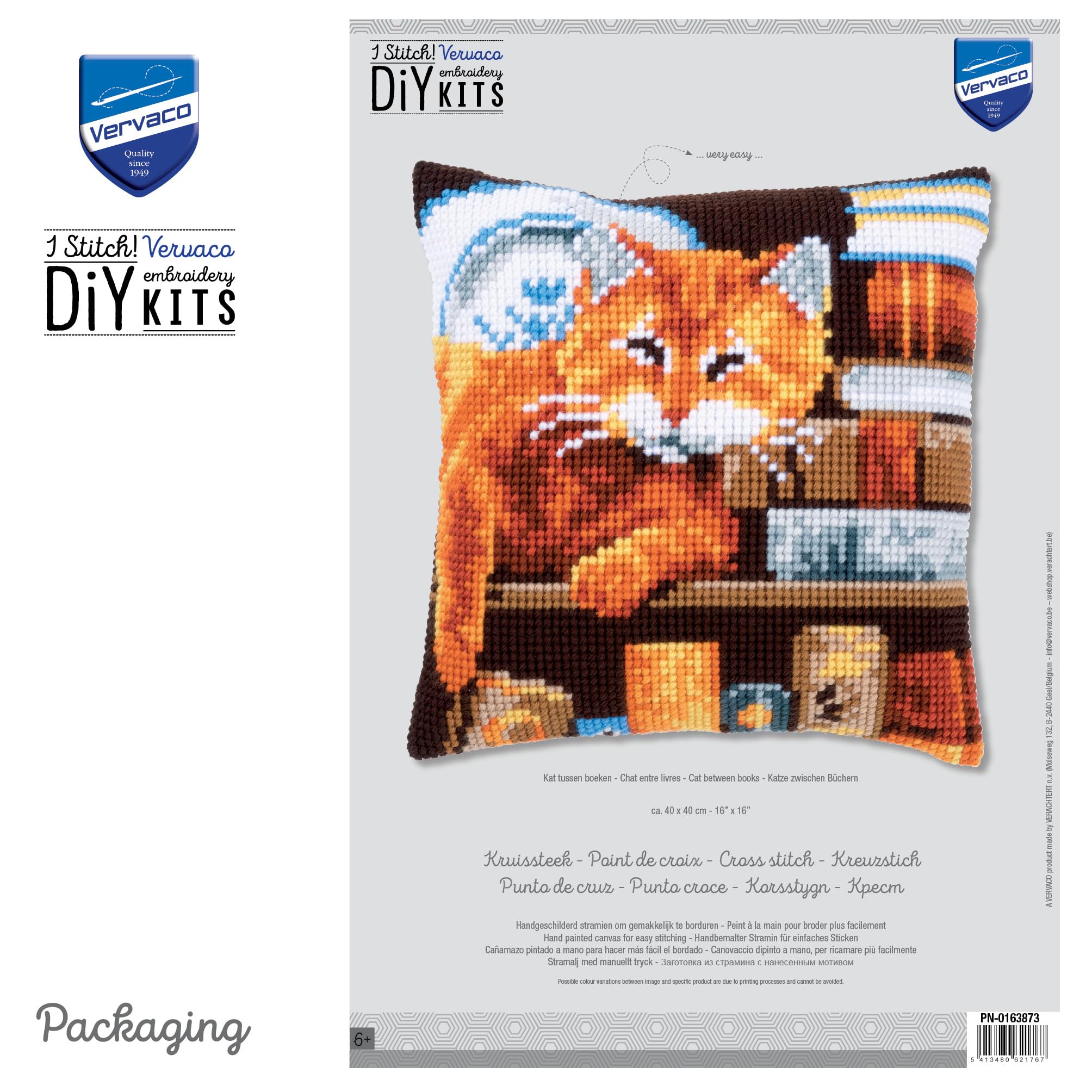 VERVACO Kit Cuscino Punto Croce Gatto E Libri Set Ricamo Principianti Cuscini Gobelin Decorativi ca. 40 x 40 cm Accessori per Lavoretti Creativi DIY Casa Decor Hobby Adulti Cross Stitch