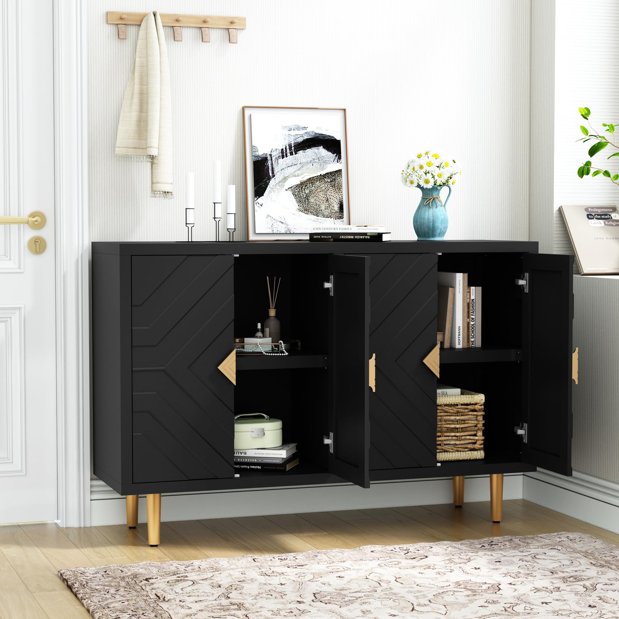 HOLTICO Credenza Moderna con 4 Ante, Armadietto con Design a Rilievo Geometrico, Mobile Multifunzione per Soggiorno, Cucina e Camera da Letto, 4 Colorazioni Esclusive, Nero Scuro