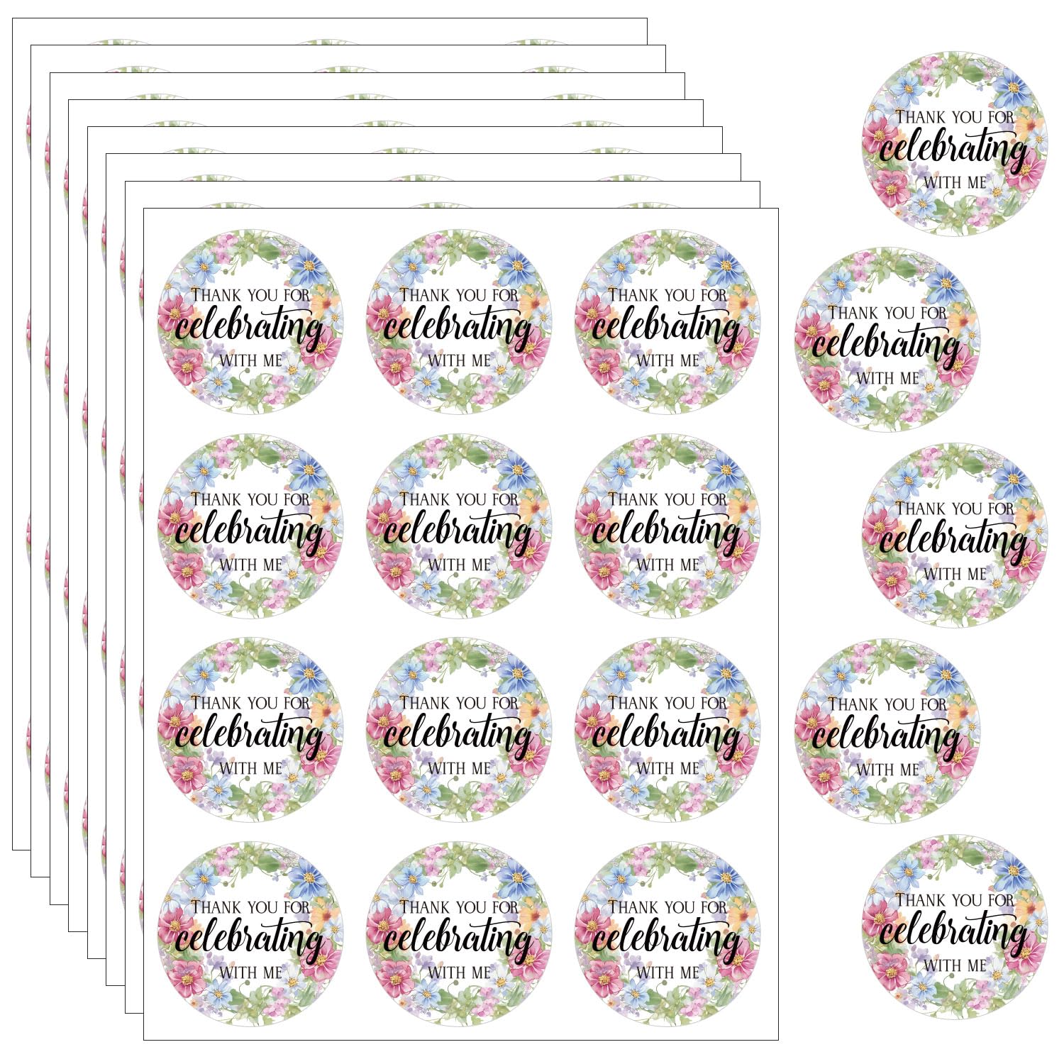 204pcs Wildflower Thank You Stickers, Adhesive Celebrating Stickers Personalized Tags Labels for Wedding Birthday Party Favor Envelopes Seal Gifts (Thank You for Celebrating with Me)
