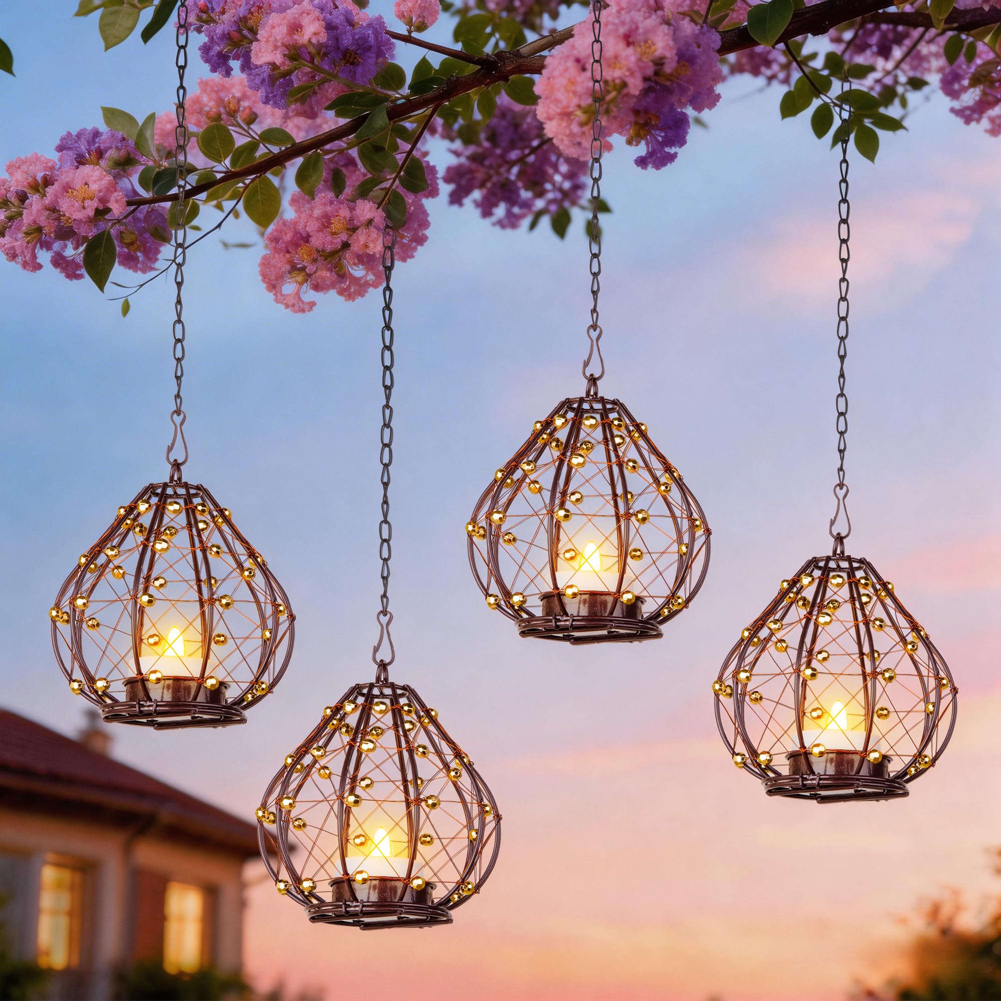 Outdoor Solar Hanging Lantern, 4 Pack Hand Woven Copper Wire Teardrop Candle Holders with Solar Tea Lights, IP65 Waterproof Chandelier for Gazebo, Tree, Pergola