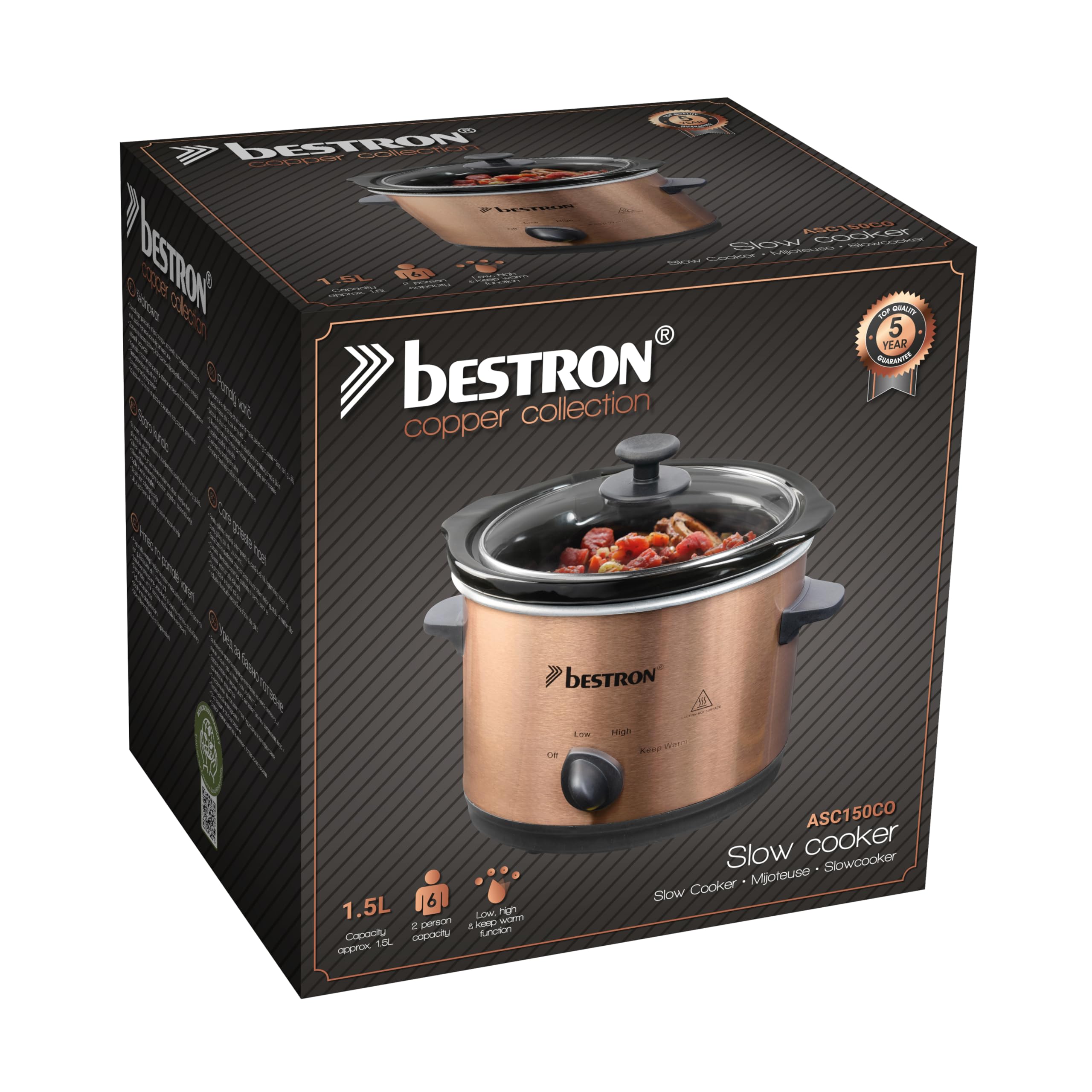 Bestron Slowcooker 1.5 L Olla de Cocción Lenta Cerámica 3 Niveles Cobre