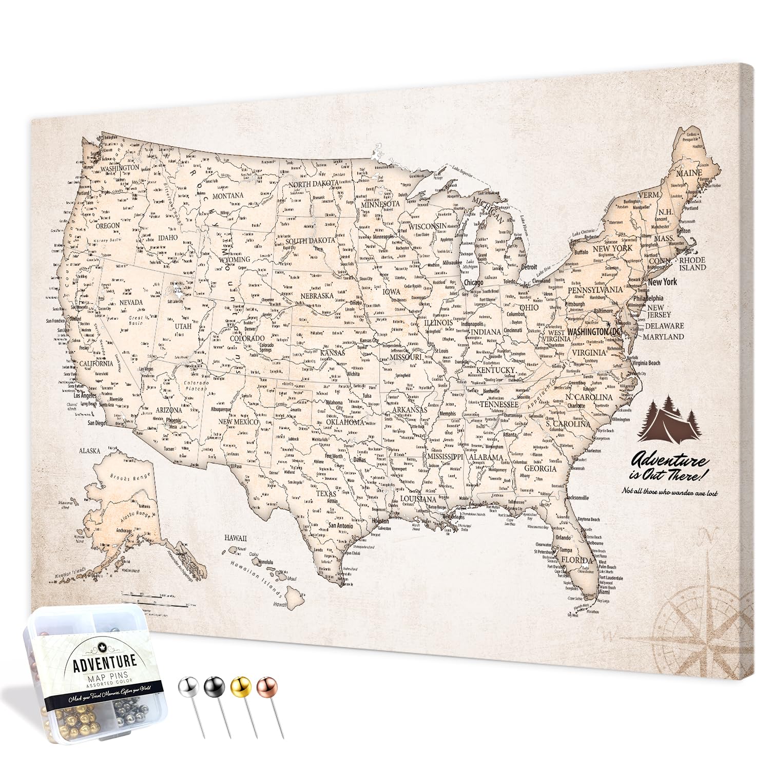 IPIC Vintage US Travel Map with Pins, Push Pin Travel Map USA, Size24x16 in