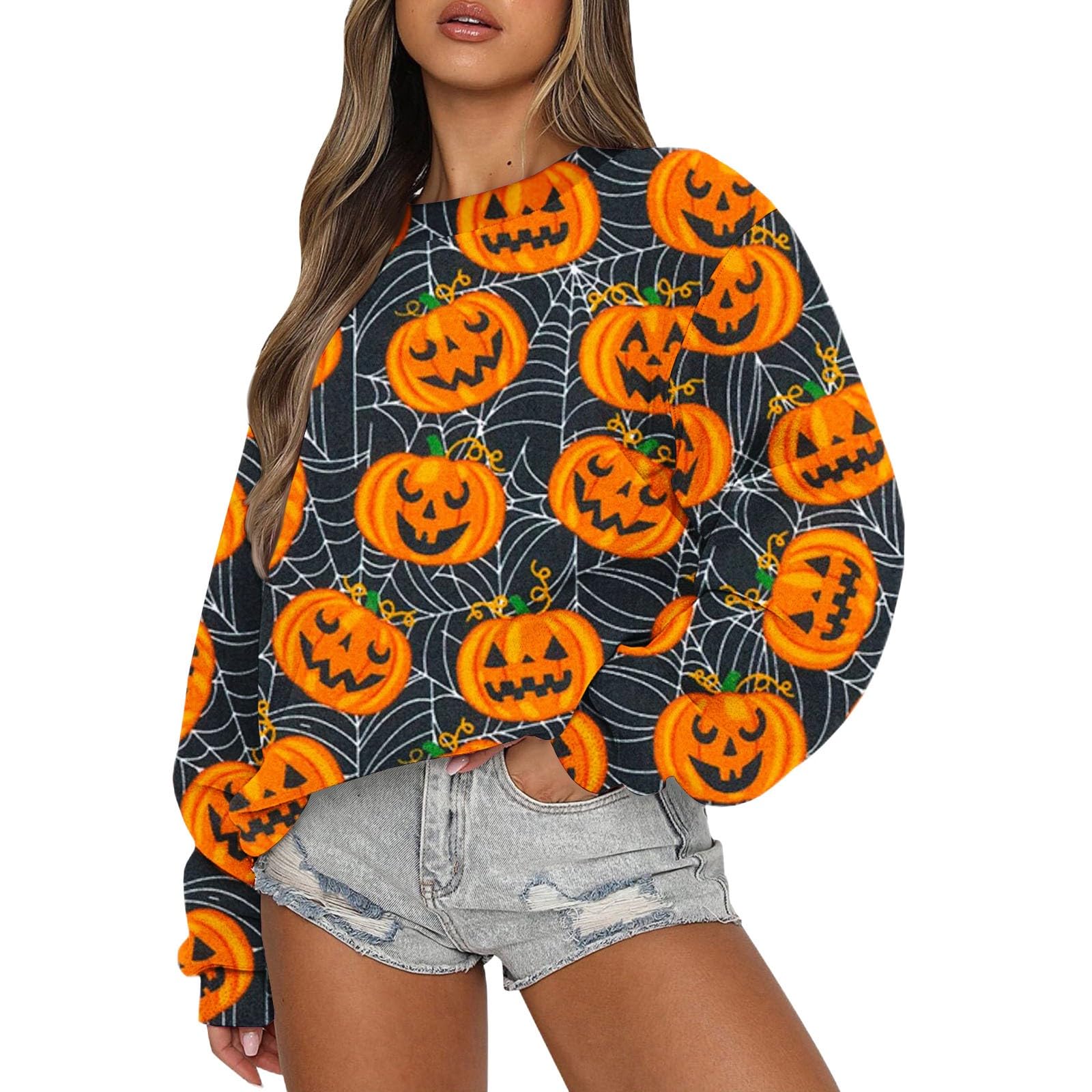 Long Sleeve Tops for Women Oversize Crewneck Halloween Witch Pattern Trendy Halloween Shirts Loose Womens Sweatshirts