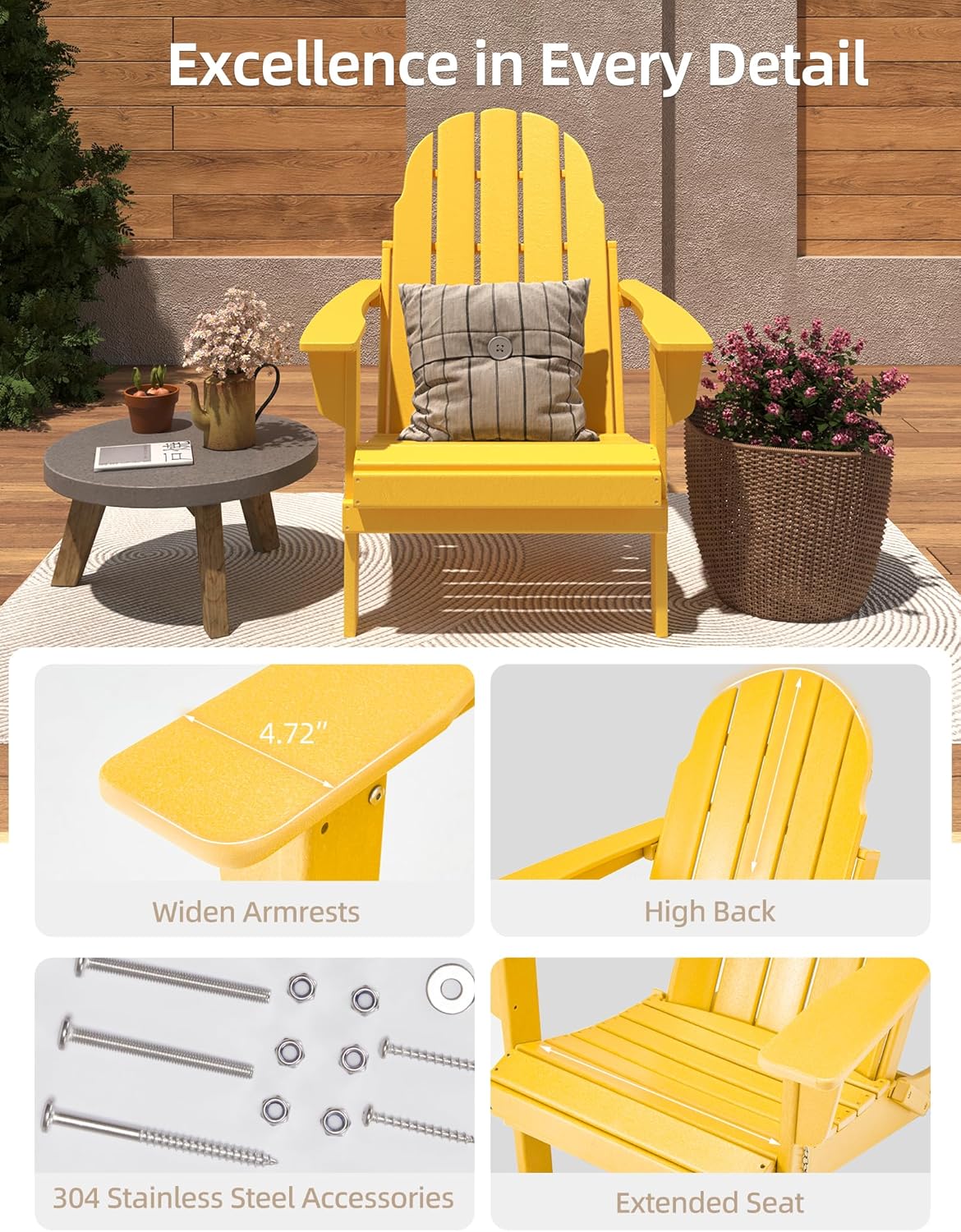 BUPPLEE Folding Adirondack Chair, 450 LBS Heavy Duty HDPE Poly Lumber Fire Pit Chair for Outside, All-Weather Resistant Plastic Adirondack Chairs for Patio, Garden, Deck & Backyard, Yellow