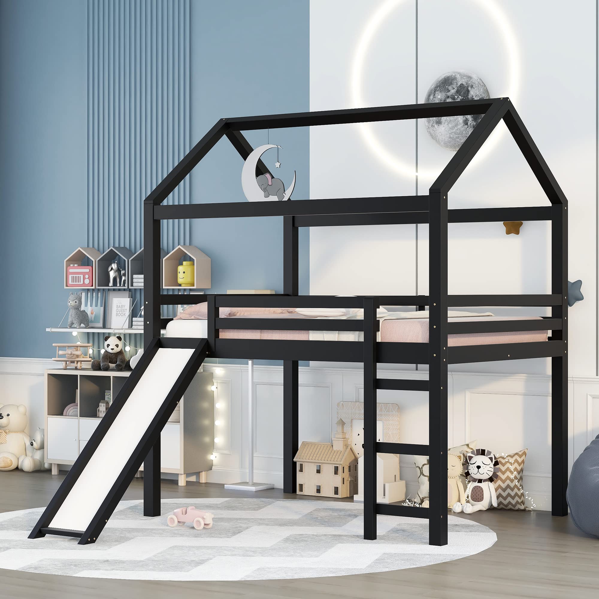 Buy CITYLIGHT Full Size Loft Bed with Slide, Wood House Loft Bed Frame