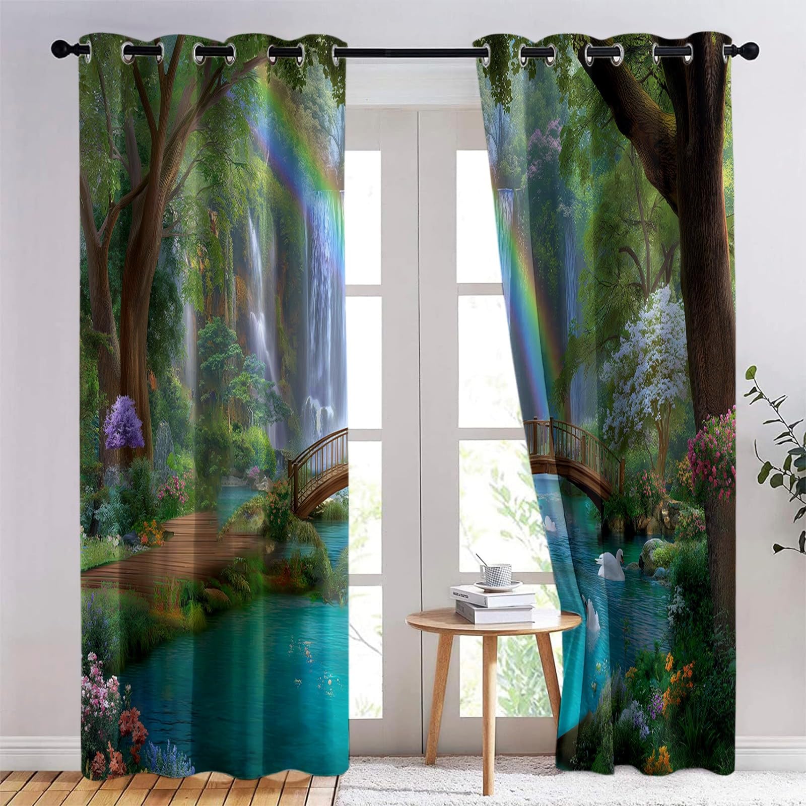 110 x 215 cm Zasłony 2 panele, wzór wodospad tęczowy drewniany most zasłony zaciemniające na okna, zielone zasłony dekoracyjne dla dzieci chłopców dziewcząt sypialnia i salon kuchnia