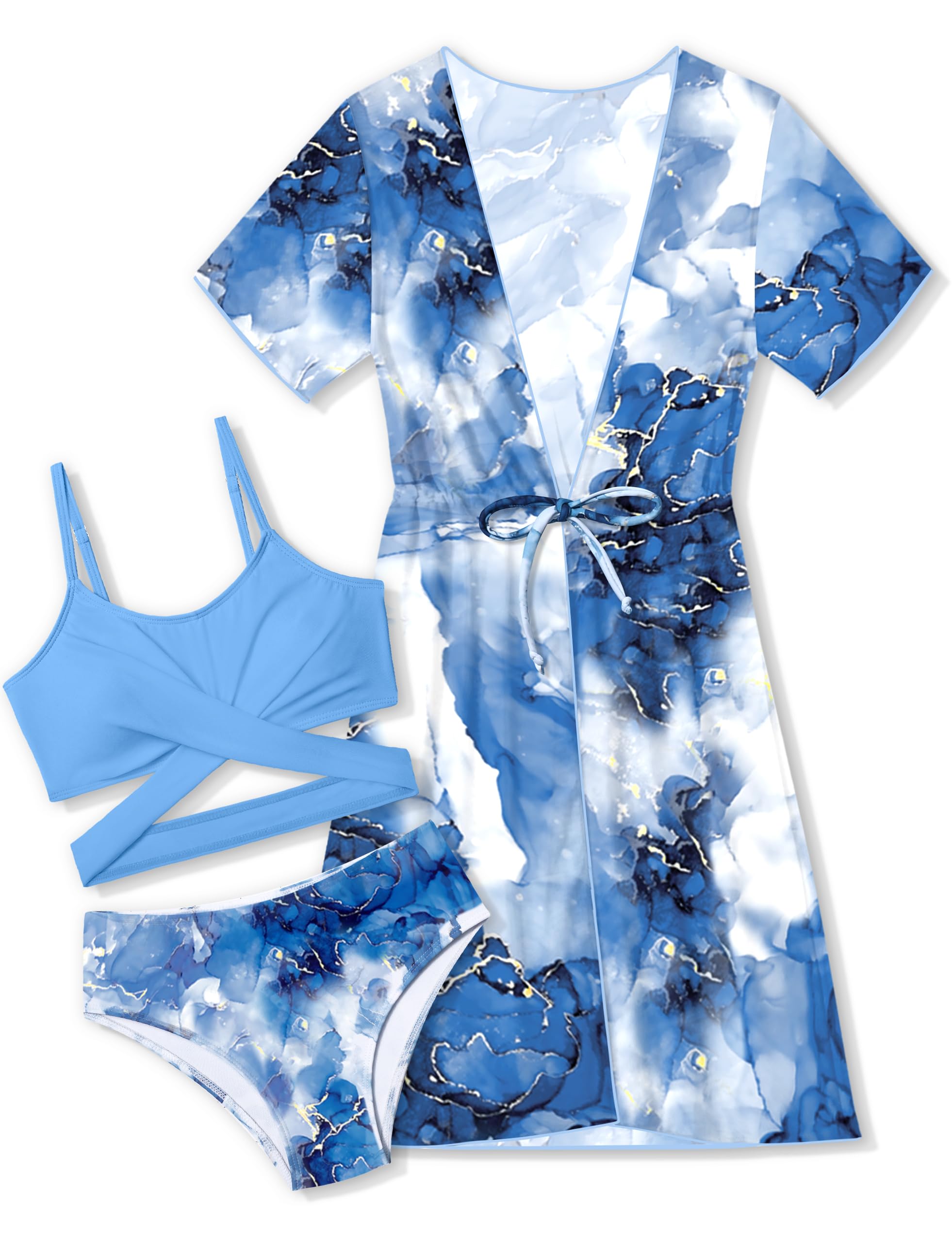 OranchidsGirls Swimsuit 3 Piece Tropical Print Bikini Set Criss Cross Bathing Suit with Drawstring Quick Dry Cover Up 7-16Y