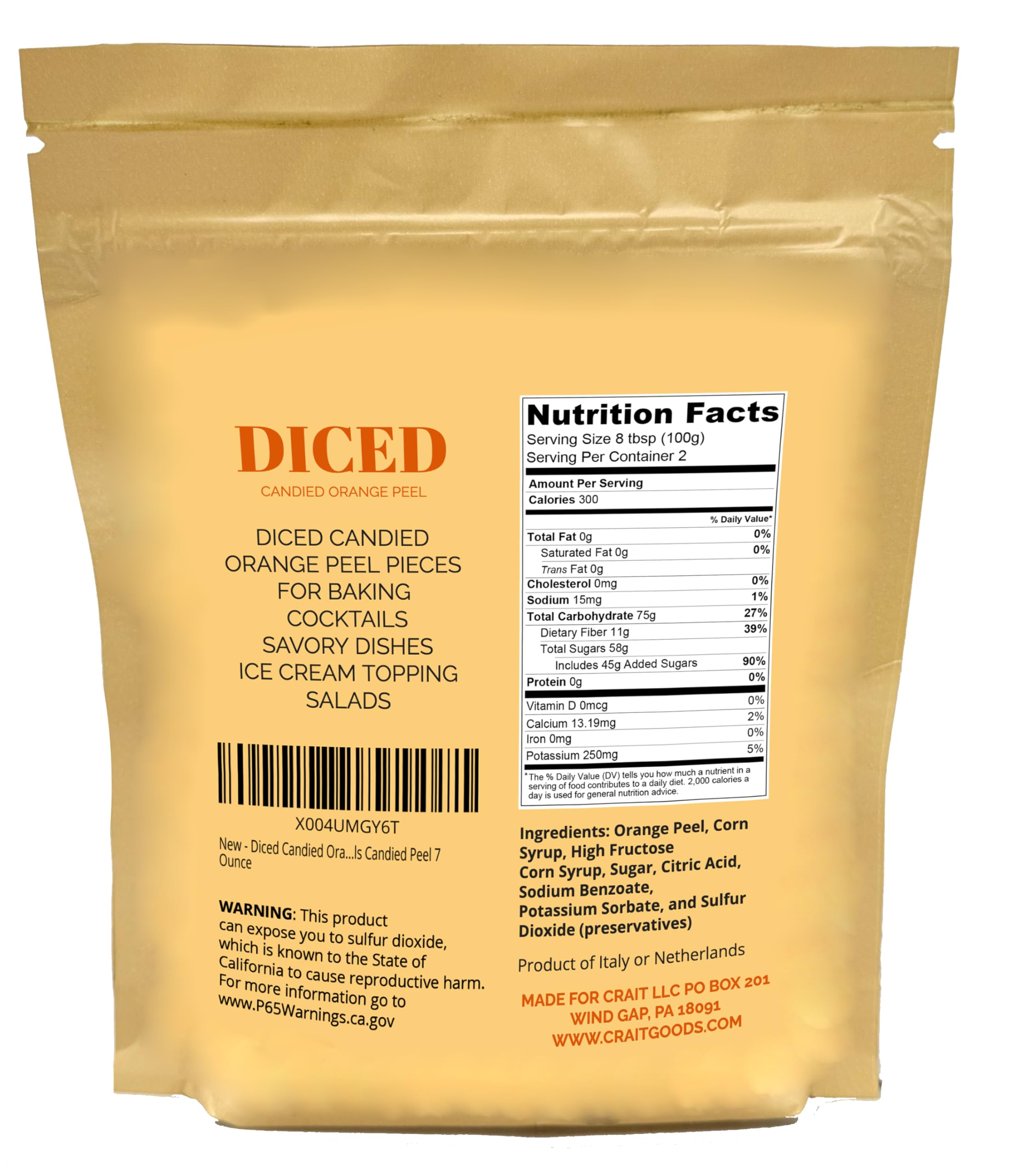 Candied Orange Peel, Diced Candied Orange Peel for Baking, Cocktails Garnish, Candied Peel 7 Ounce