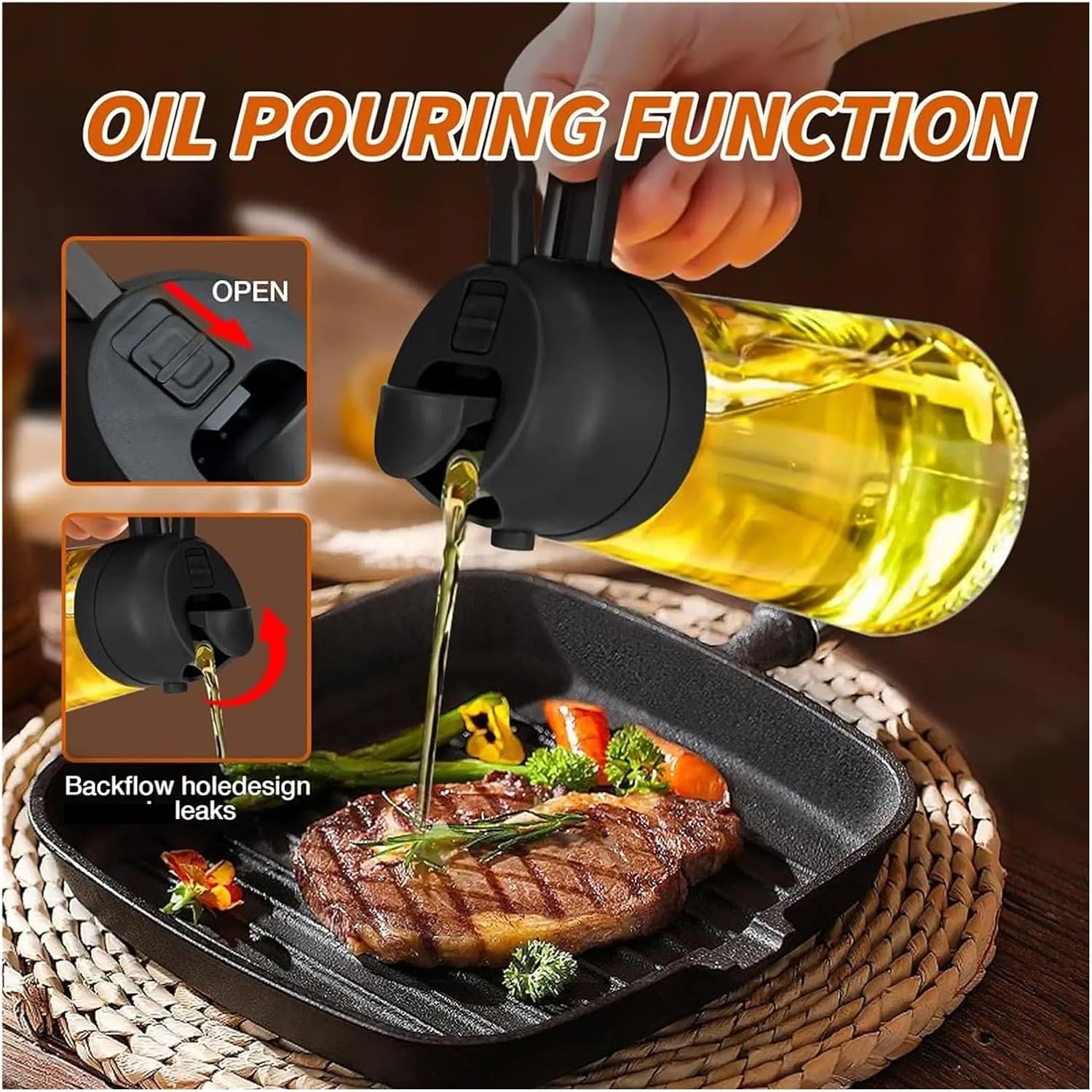 Portable Oil Sprayer and Dispenser 2-in-1, 470ml/600ml Kitchen Oil Mister and Pourer for Cooking, Baking, BBQ, Salad, Non-Aerosol Oil Spray Bottle(600ml Black)
