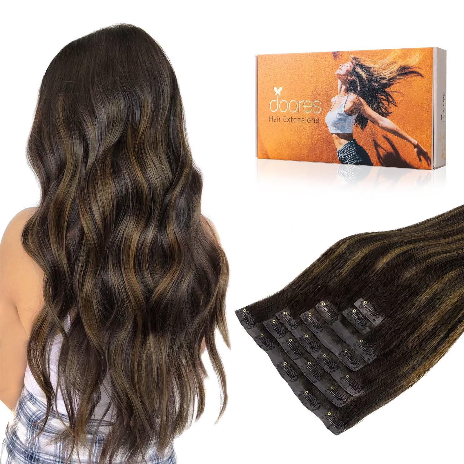DOORES Seamless Clip in Human Hair Extensions, Dark Brown to Chestnut Brown 7pcs 110g 16 Inch Straight Hair Invisi Edge