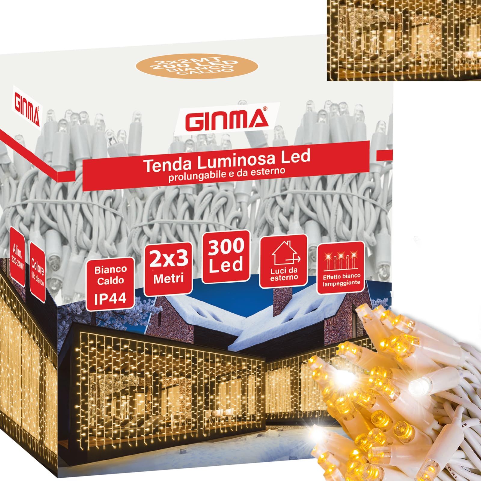 GINMA Luci di Natale Professionali Effetto Tenda Luminosa LED - Certificata IP44 - Basso Consumo e Impermeabili - Prolungabile (Bianco Caldo, 2x3 metri (300 LED))