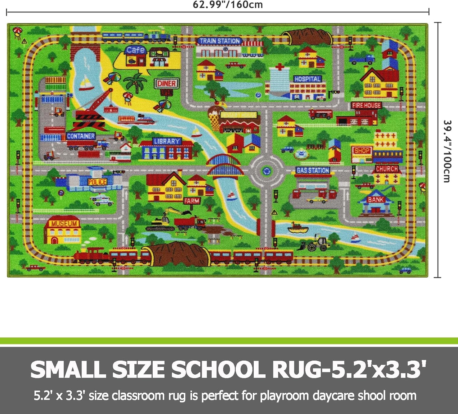 Capslpad Kids Play Mat 160x100cm Non-Slip City Life Play Area Carpet Machine Washable Car Play Mats Short Pile Traffic Road Learning Educational Area Rug for Kids Room Bedroom Playroom Decor, Green - Image 2