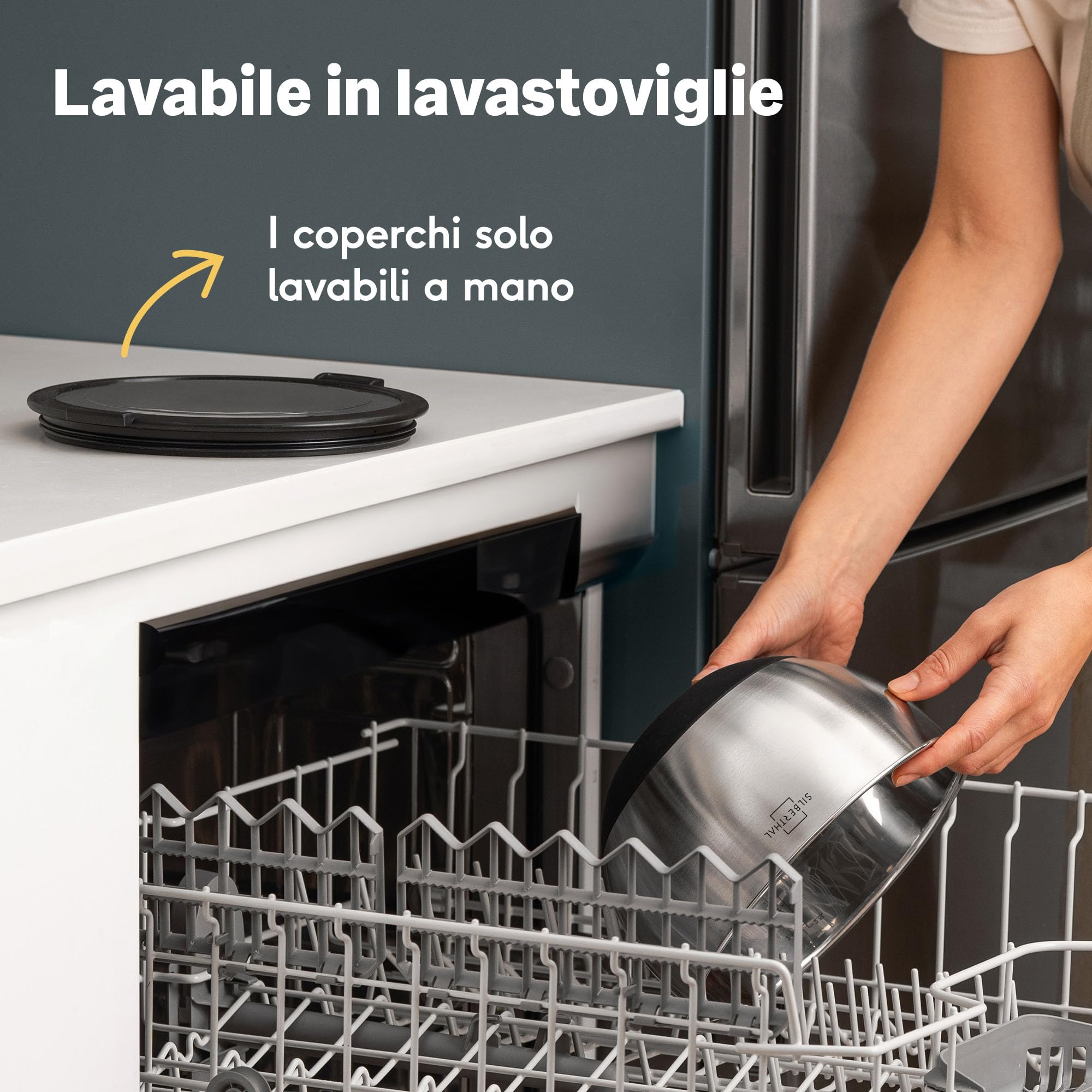 SILBERTHAL Set ciotole acciaio inox cucina - Impilabile e antiscivolo - Coperchio ermetico 1,6L / 3L / 5,1L
