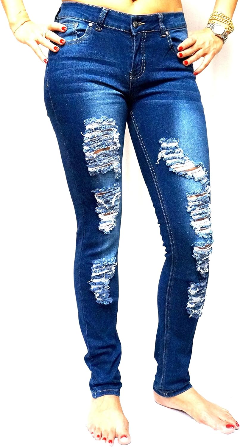 Jack David Womens Distressed Denim Jeans Ripped Blue Skinny Destroy Stretch Jean Pants (7, Jack David JD-R65B- Blue) - Image 4