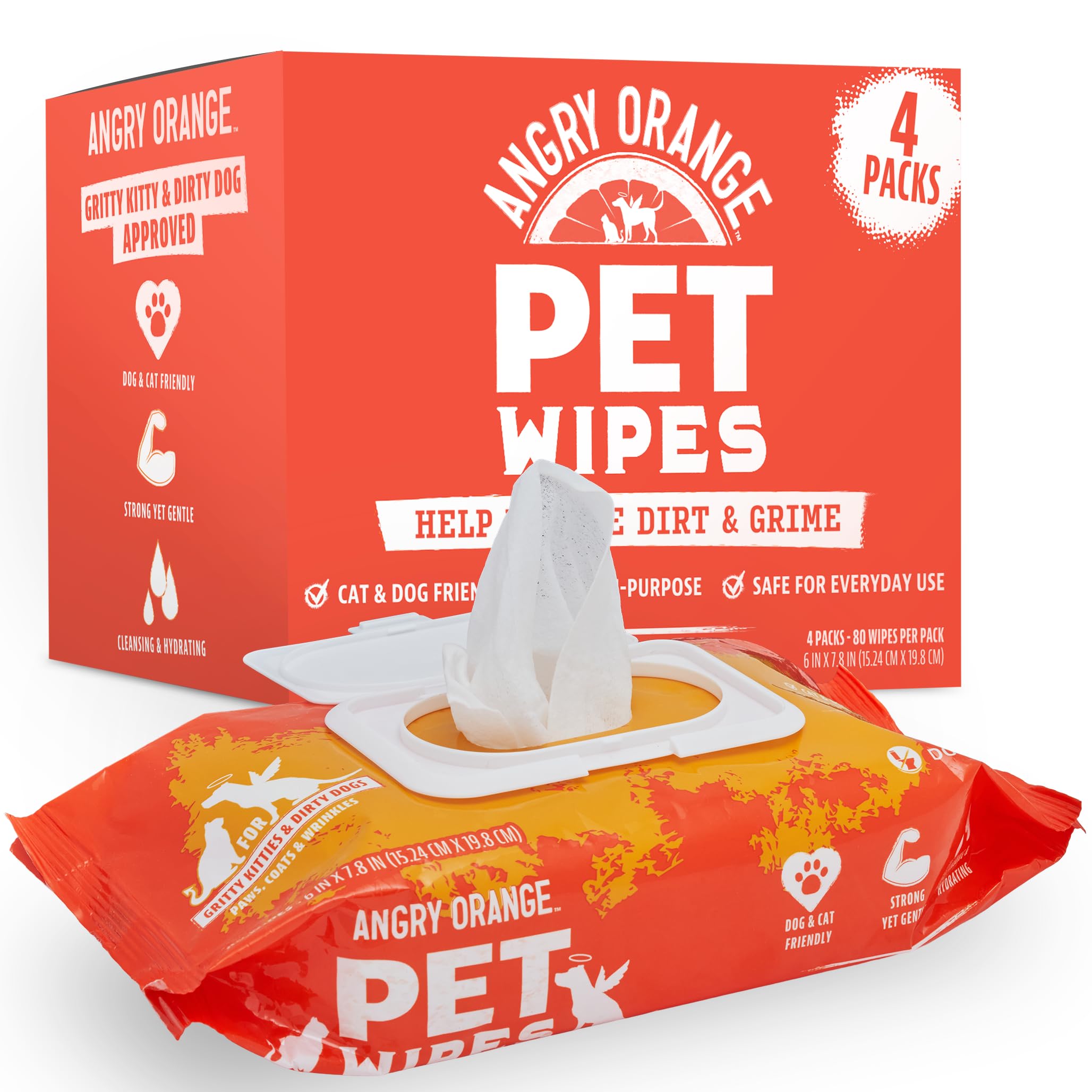 Angry Orange Unscented Pet Wipes - Hypoallergenic & Fragrance-Free With Aloe & Chamomile - Thick Grooming Wipes for Paws, Fur, Butt - Safe for Dogs &